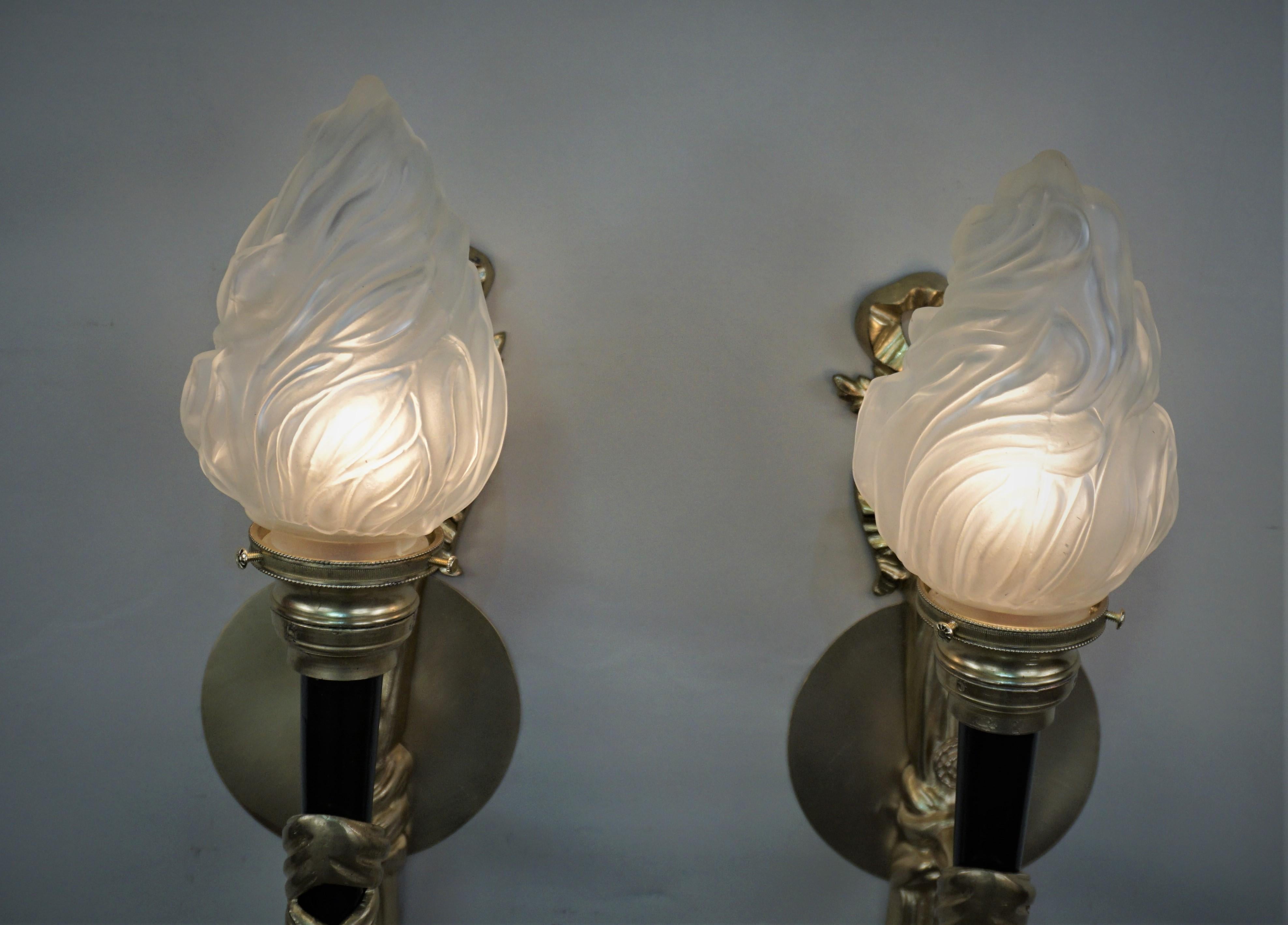 Early 20th Century Pair of Torchiere Empire Style Bronze Wall Sconces