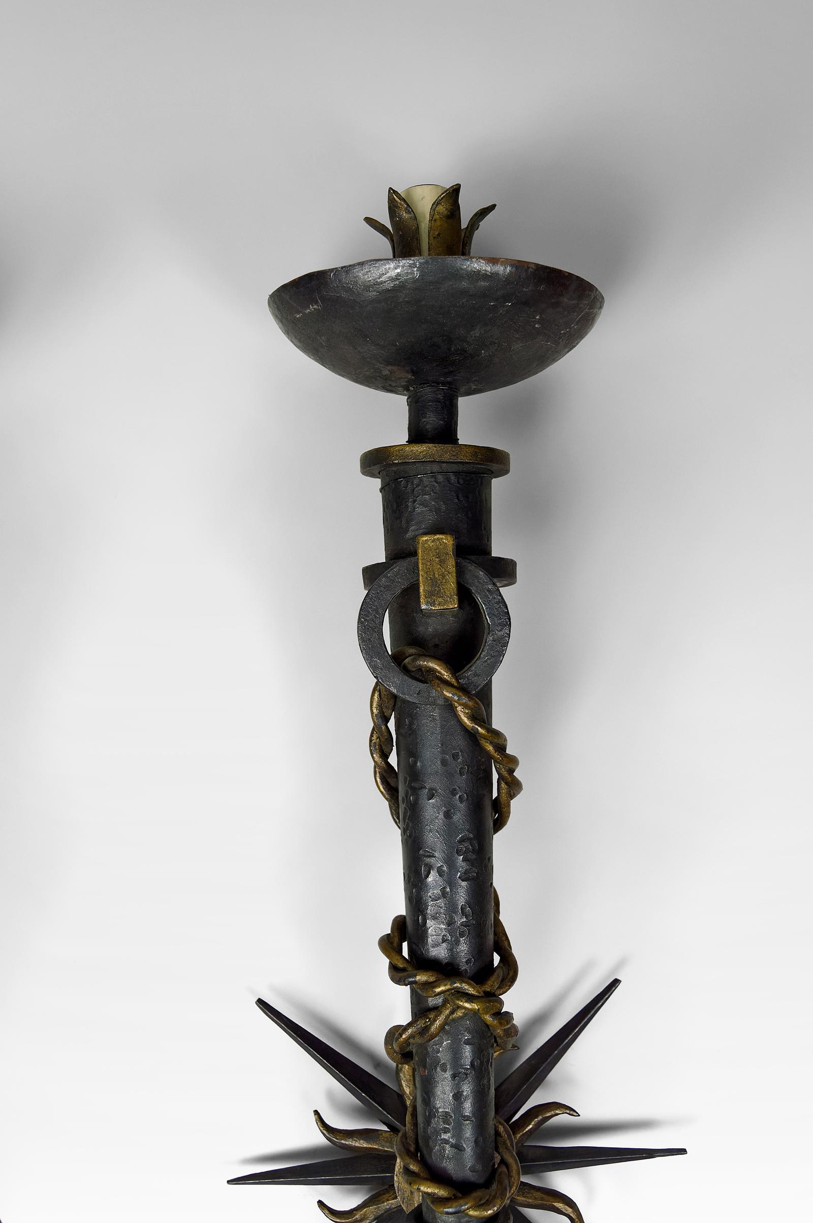 Pair of torchiere sconces in wrought iron by Gilbert Poillerat, France, 1940's For Sale 1