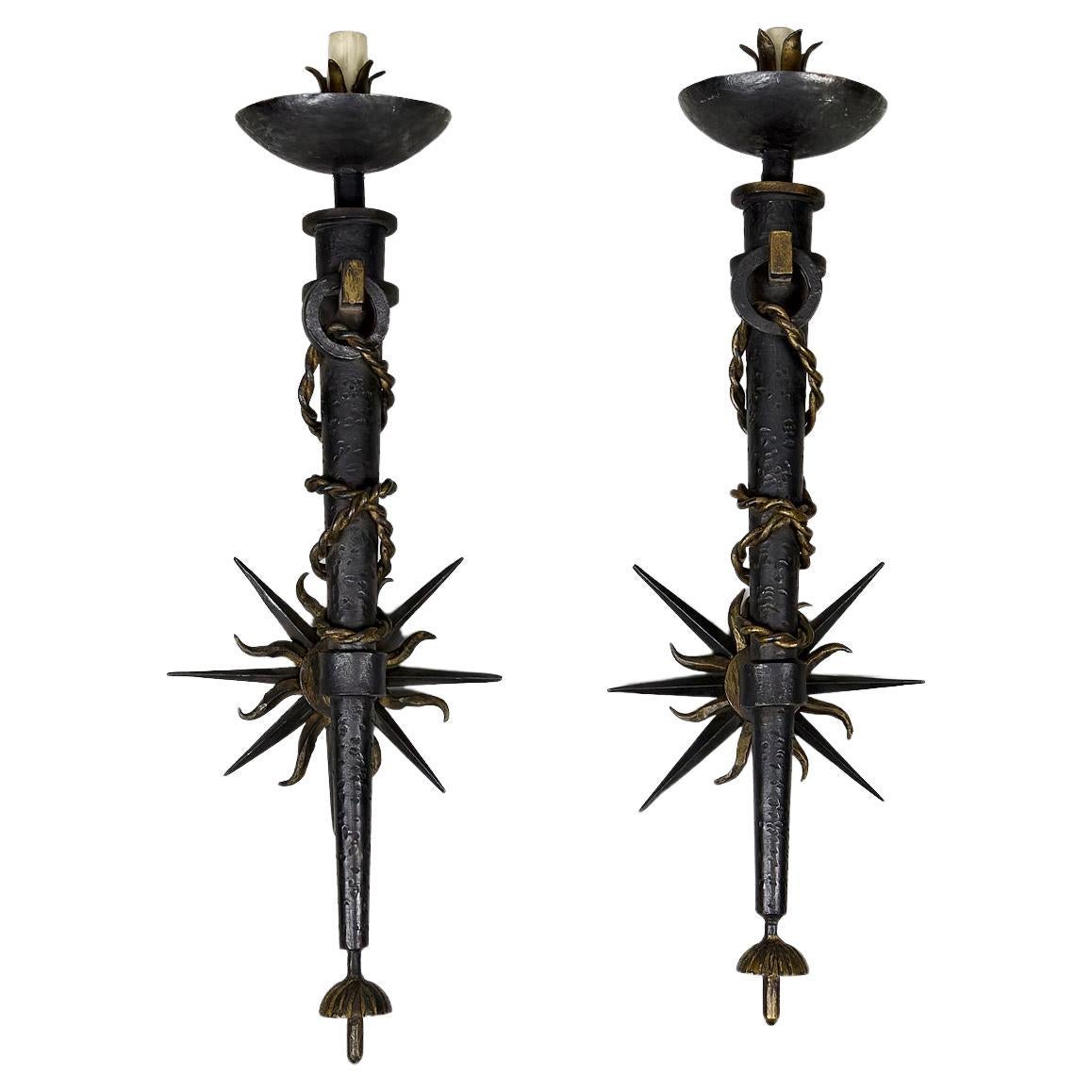 Pair of torchiere sconces in wrought iron by Gilbert Poillerat, France, 1940's For Sale