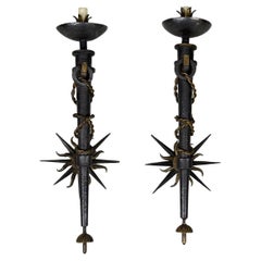 Pair of torchiere sconces in wrought iron by Gilbert Poillerat, France, 1940's