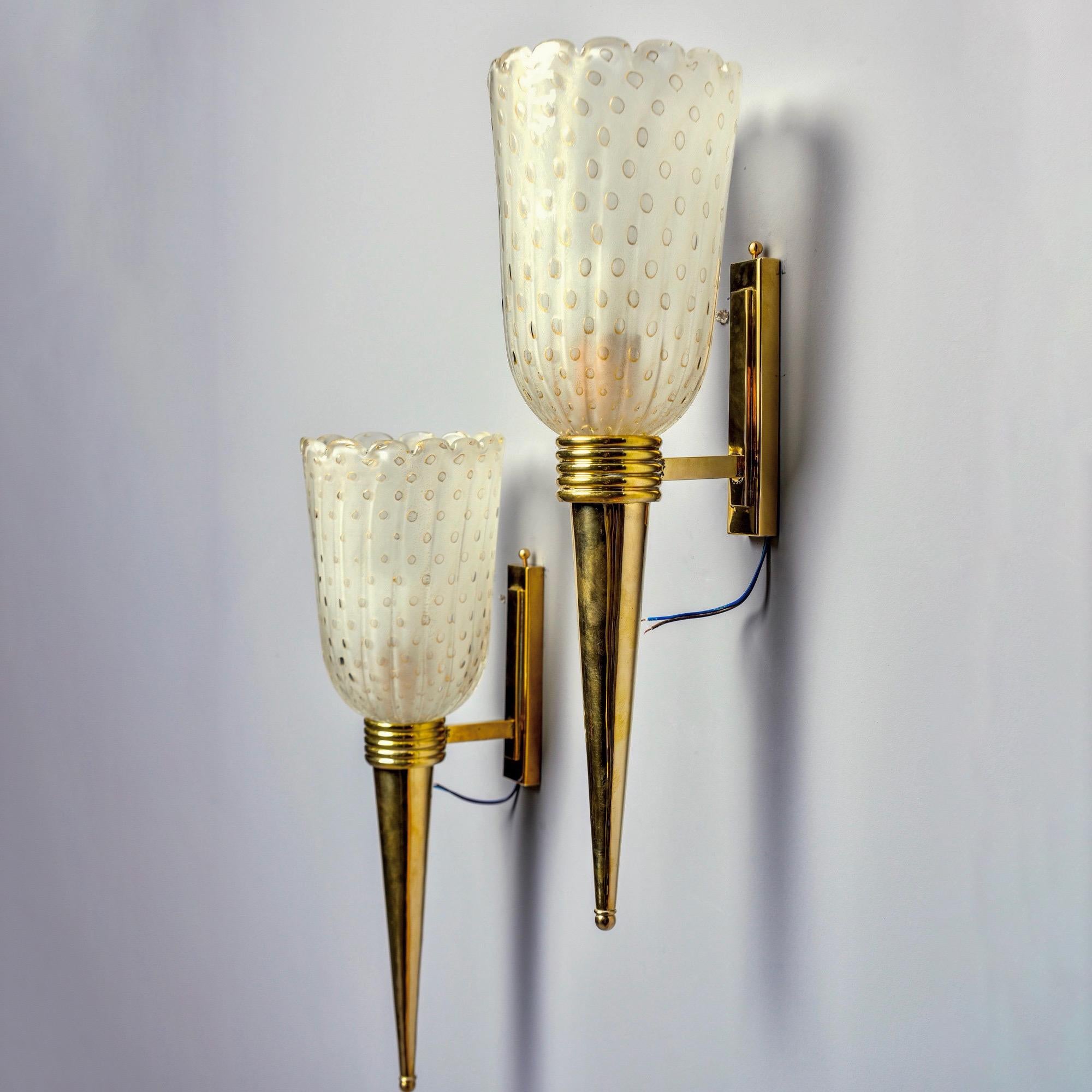 Mid-Century Modern Pair of Torchiere Style Sconces with Murano Glass and Brass Fittings For Sale