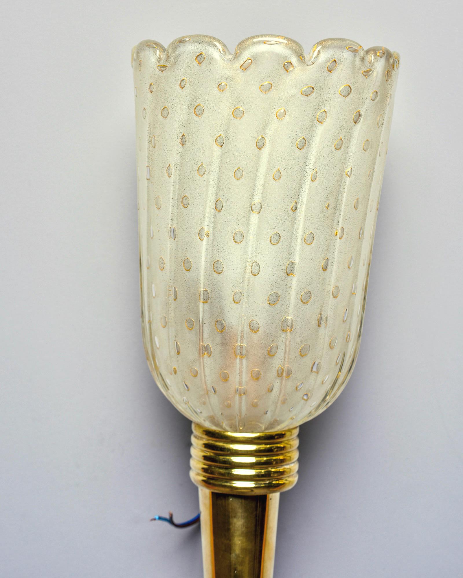 Italian Pair of Torchiere Style Sconces with Murano Glass and Brass Fittings For Sale