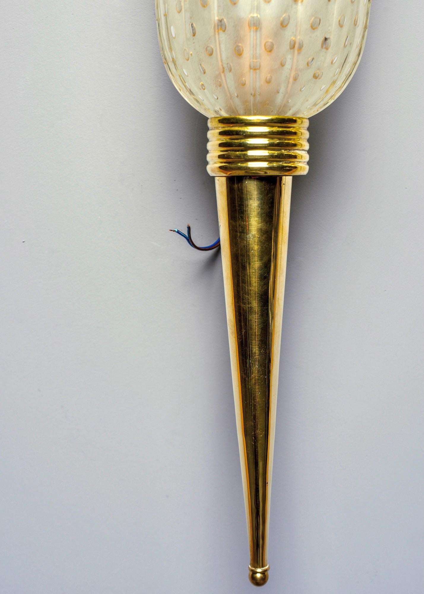 Pair of Torchiere Style Sconces with Murano Glass and Brass Fittings In New Condition In Troy, MI