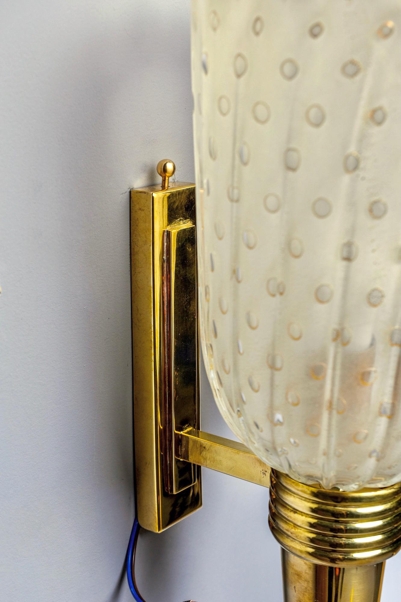 Contemporary Pair of Torchiere Style Sconces with Murano Glass and Brass Fittings For Sale
