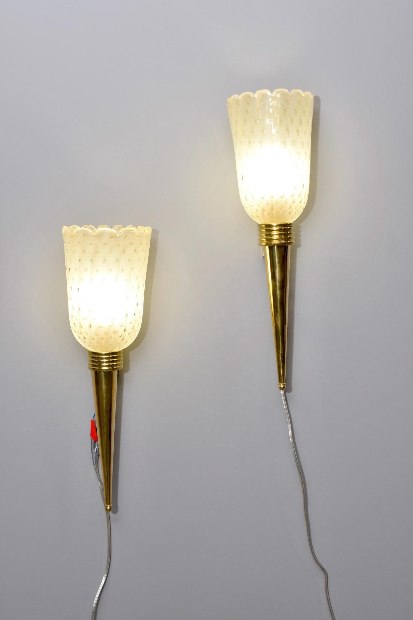 Pair of Torchiere Style Sconces with Murano Glass and Brass Fittings For Sale 2