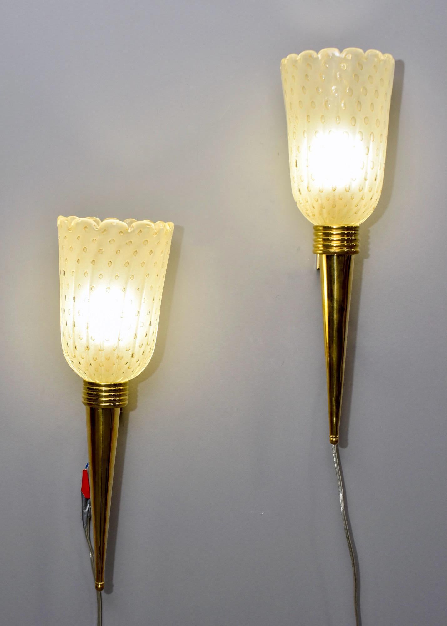 Pair of Torchiere Style Sconces with Murano Glass and Brass Fittings For Sale 3