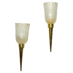 Pair of Torchiere Style Sconces with Murano Glass and Brass Fittings