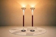 Pair of “Torchierre” Floor Lamps in Rosewood, Crystal & Metal, Unknown, 1950s