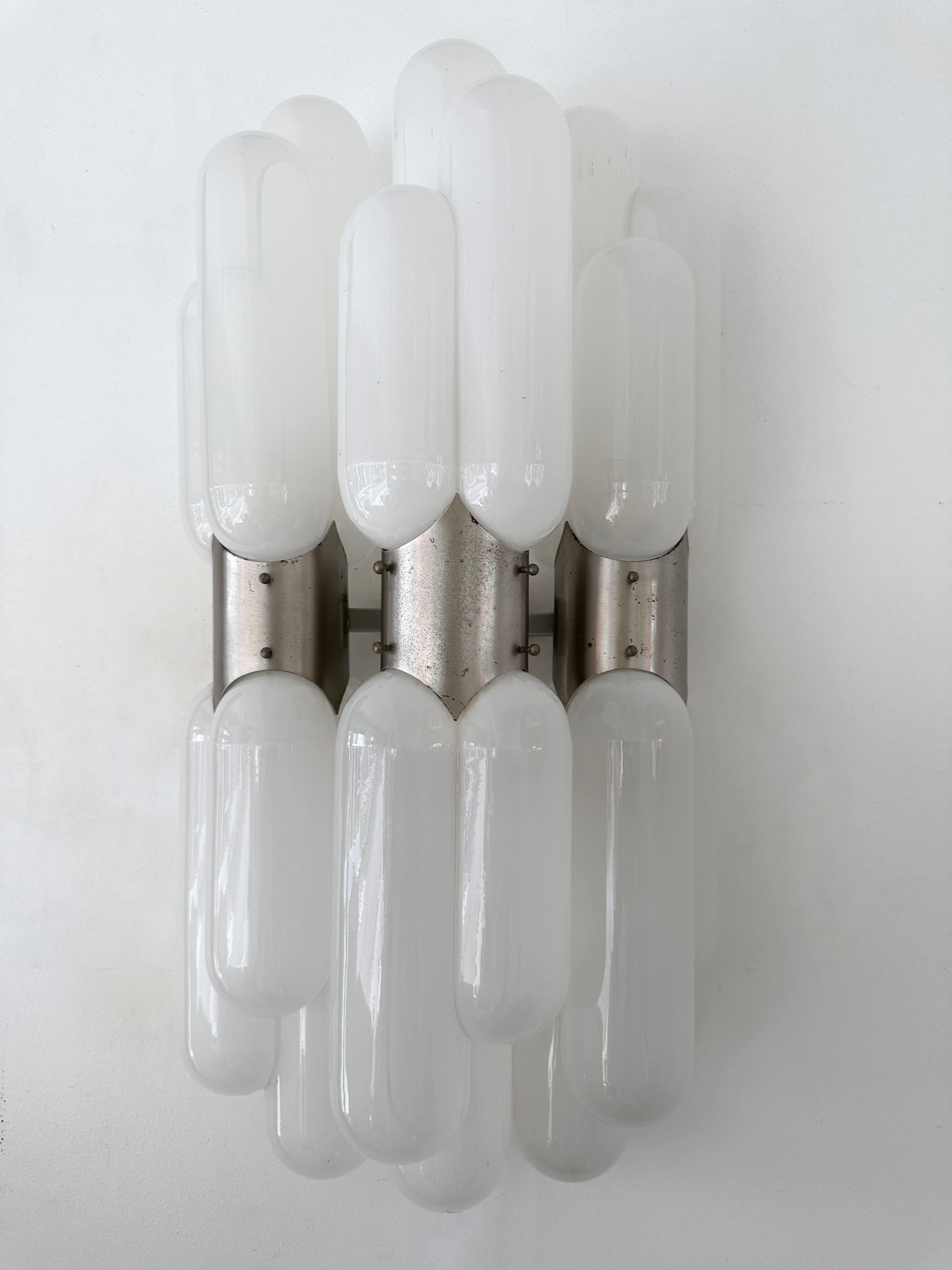 Metal Pair of Torpedo Murano Glass Sconces by Carlo Nason for Mazzega, Italy, 1970s For Sale
