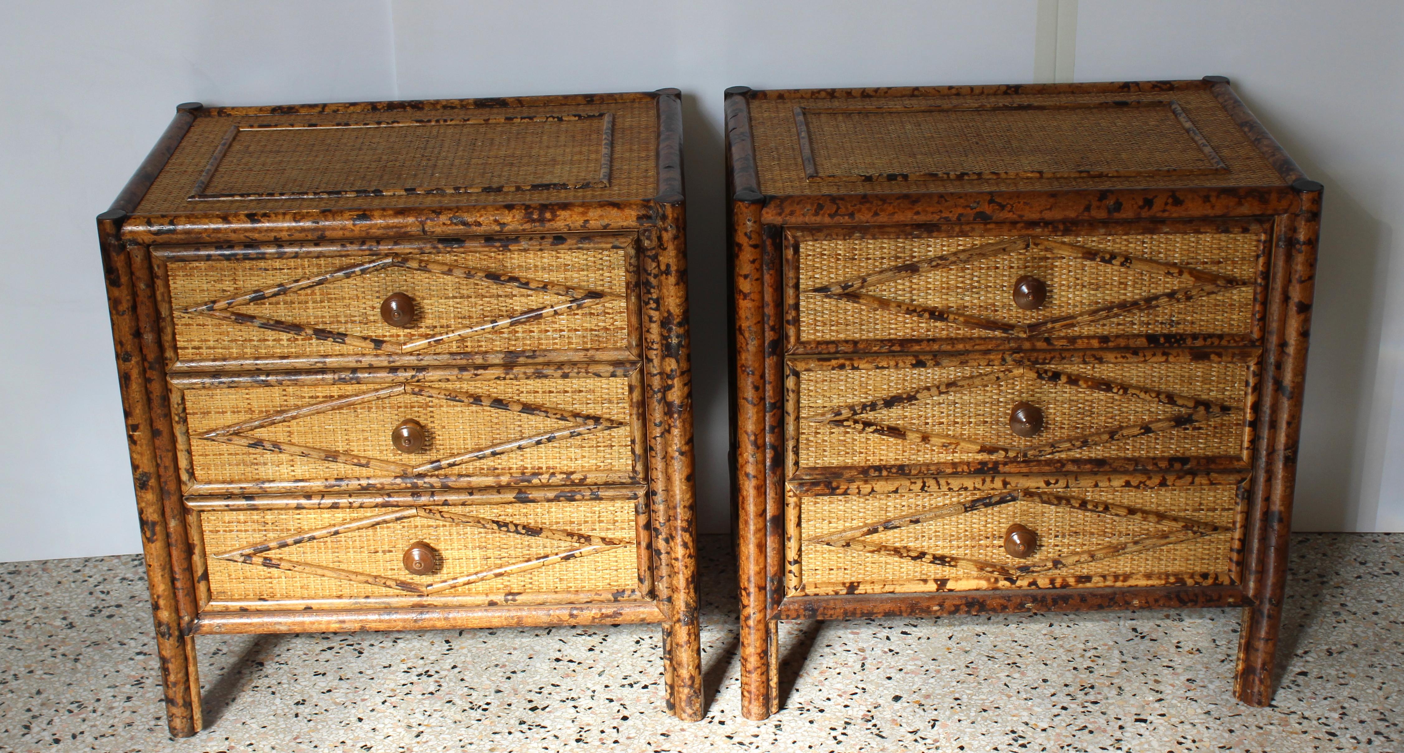This stylish pair of tortoise bamboo and woven rattan nightstands date to the 1990s and they will add a bit of exoticness to your home.