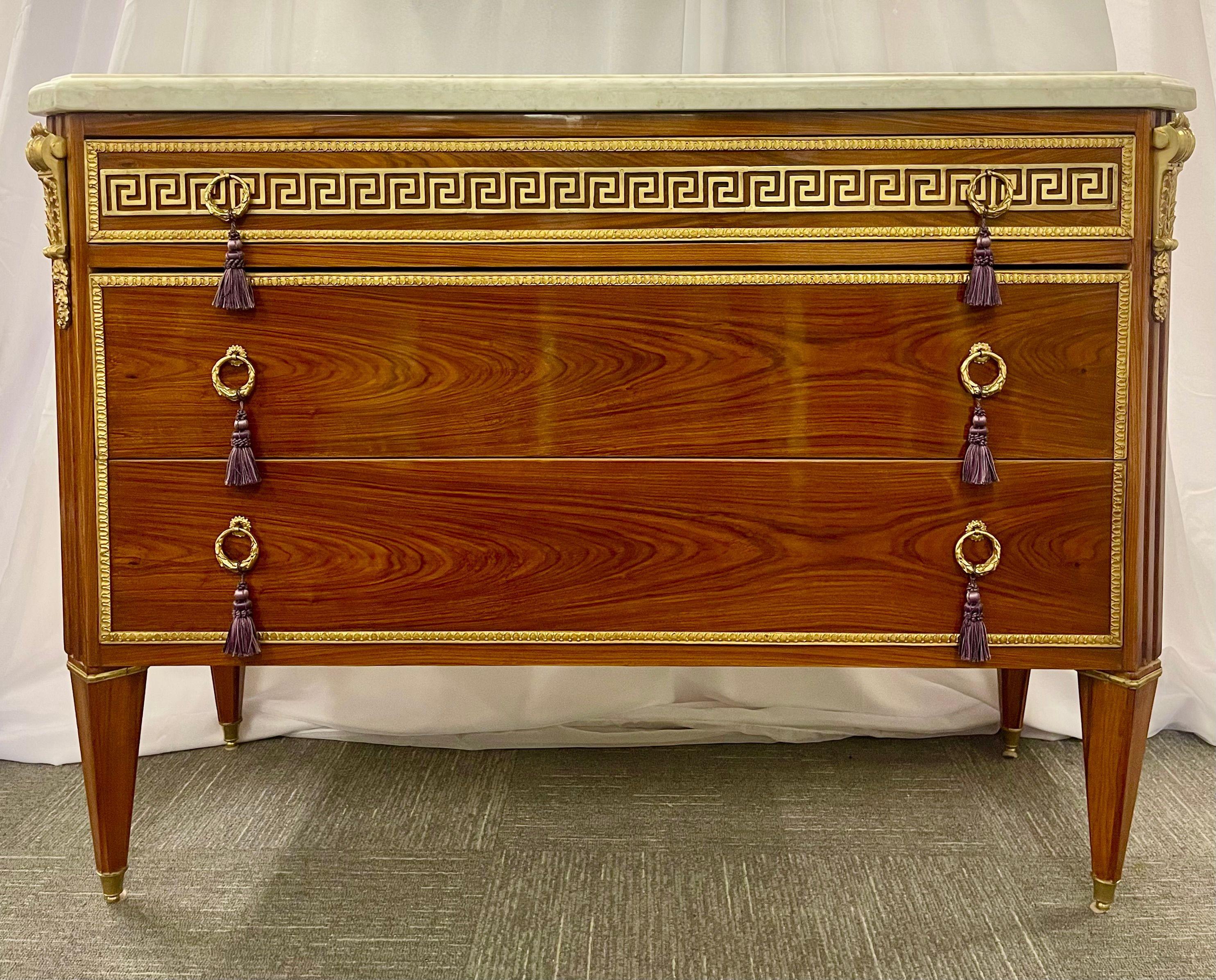 Pair of Tortoise Louis XVI Style Commodes, Chests or Nightstands, Greek Key In Good Condition In Stamford, CT