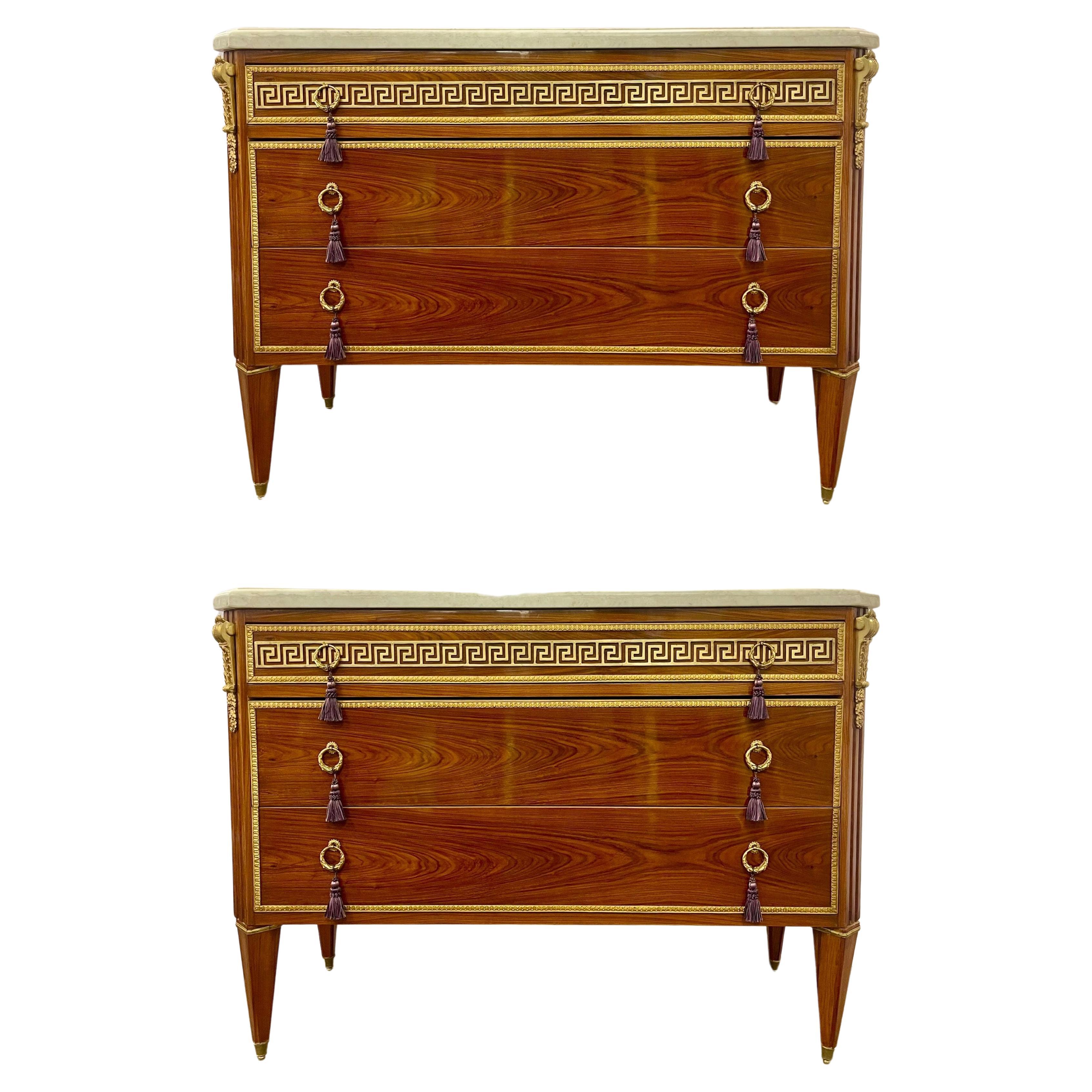 Pair of Tortoise Louis XVI Style Commodes, Chests or Nightstands, Greek Key