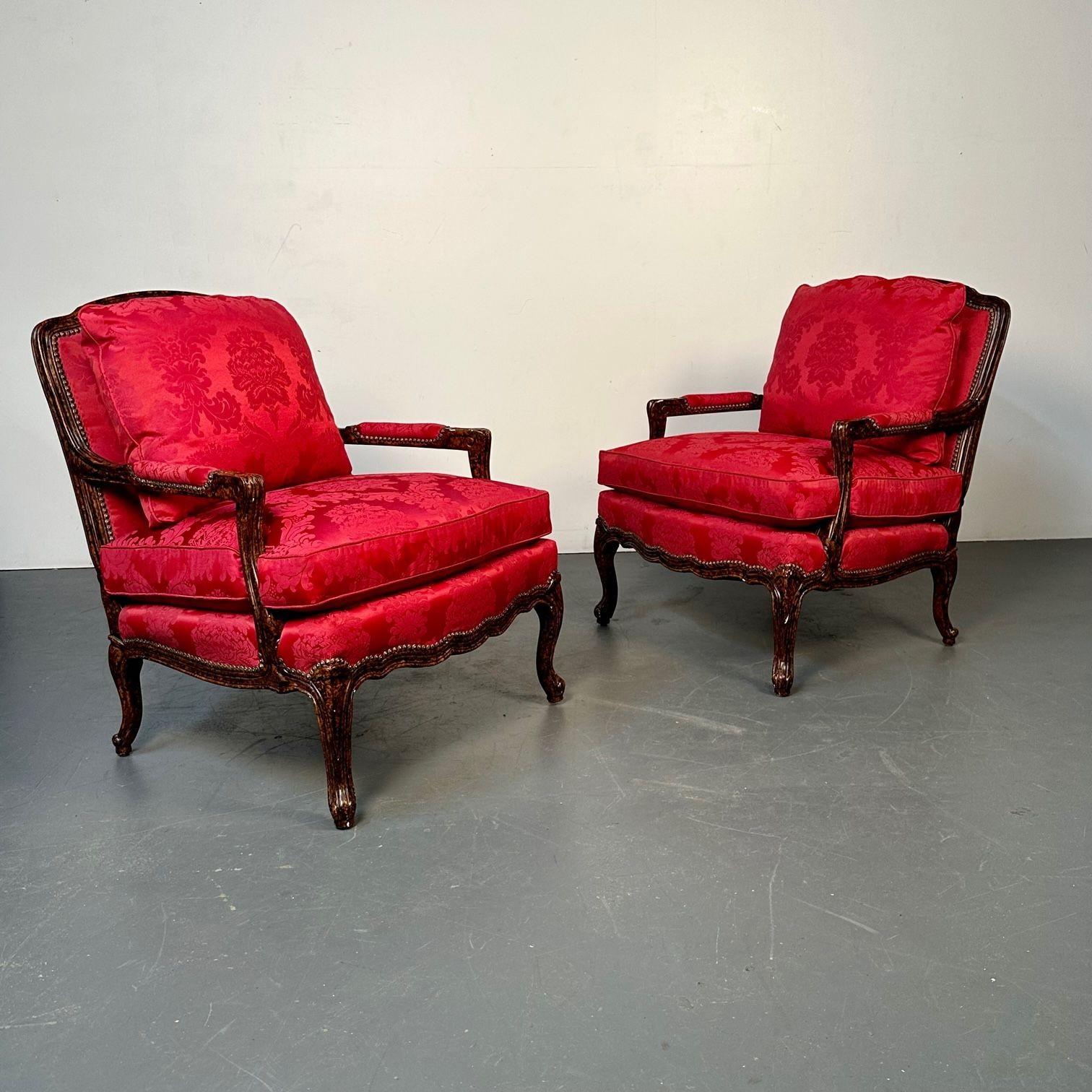 Pair of Tortoise Shell Lounge Chairs/ Marquis by Theodore Alexander, Fauteuils

A stunning pair of Louis XV Style Large Arm or Lounge Chairs by Theodore Alexander. Each having tortoise shell decorated frame having padded seats and back rests in a