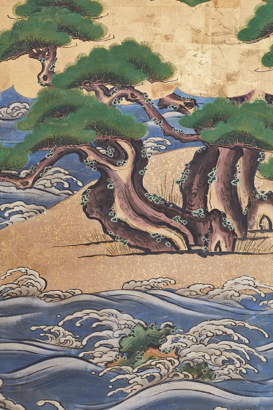 Pair of Attributed Tosa Mitsuoki Pines Along Seashore Edo Screens 4
