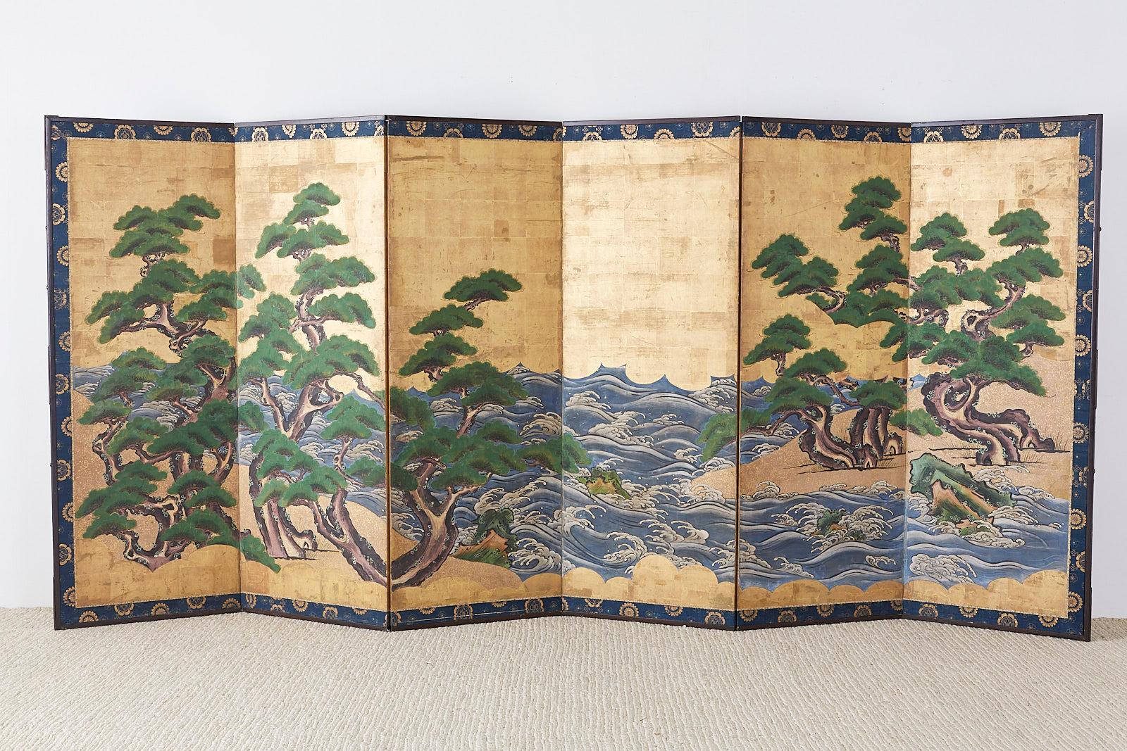 Pair of Attributed Tosa Mitsuoki Pines Along Seashore Edo Screens 7
