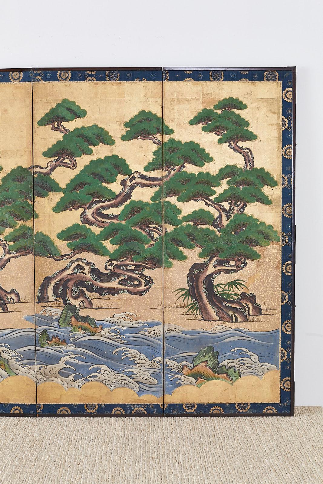 Pair of Attributed Tosa Mitsuoki Pines Along Seashore Edo Screens 12