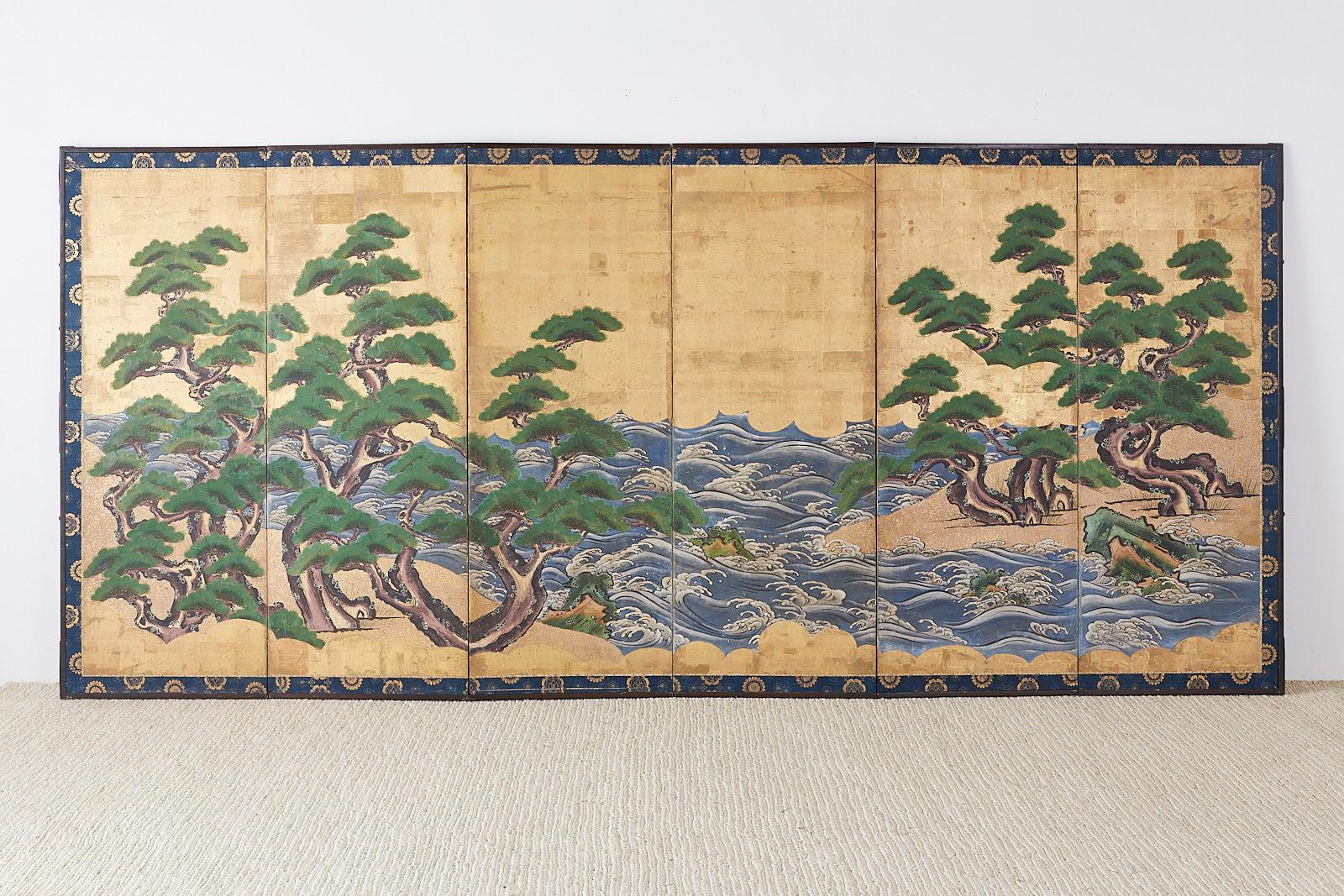 Japanese Pair of Attributed Tosa Mitsuoki Pines Along Seashore Edo Screens