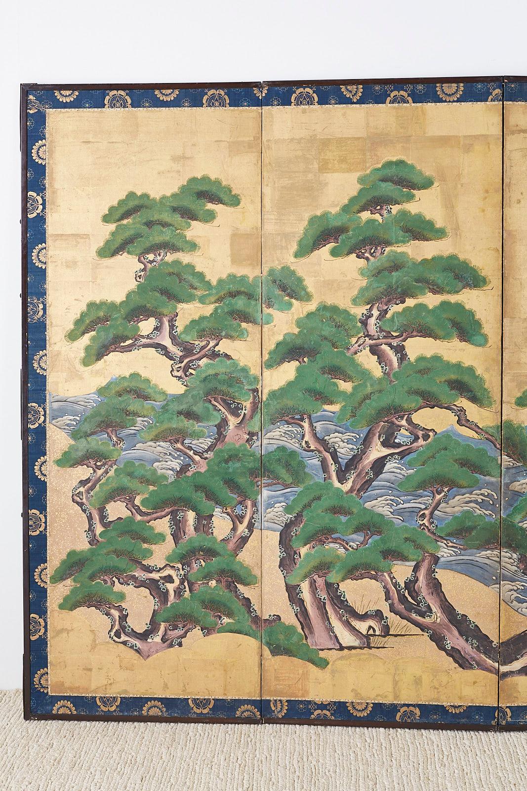 Hand-Crafted Pair of Attributed Tosa Mitsuoki Pines Along Seashore Edo Screens