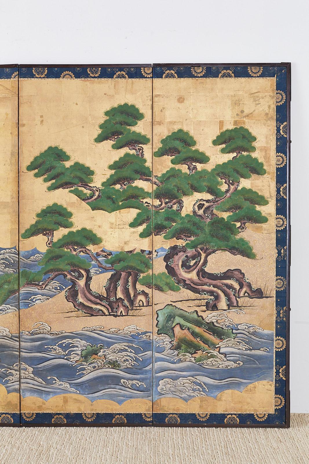 18th Century and Earlier Pair of Attributed Tosa Mitsuoki Pines Along Seashore Edo Screens