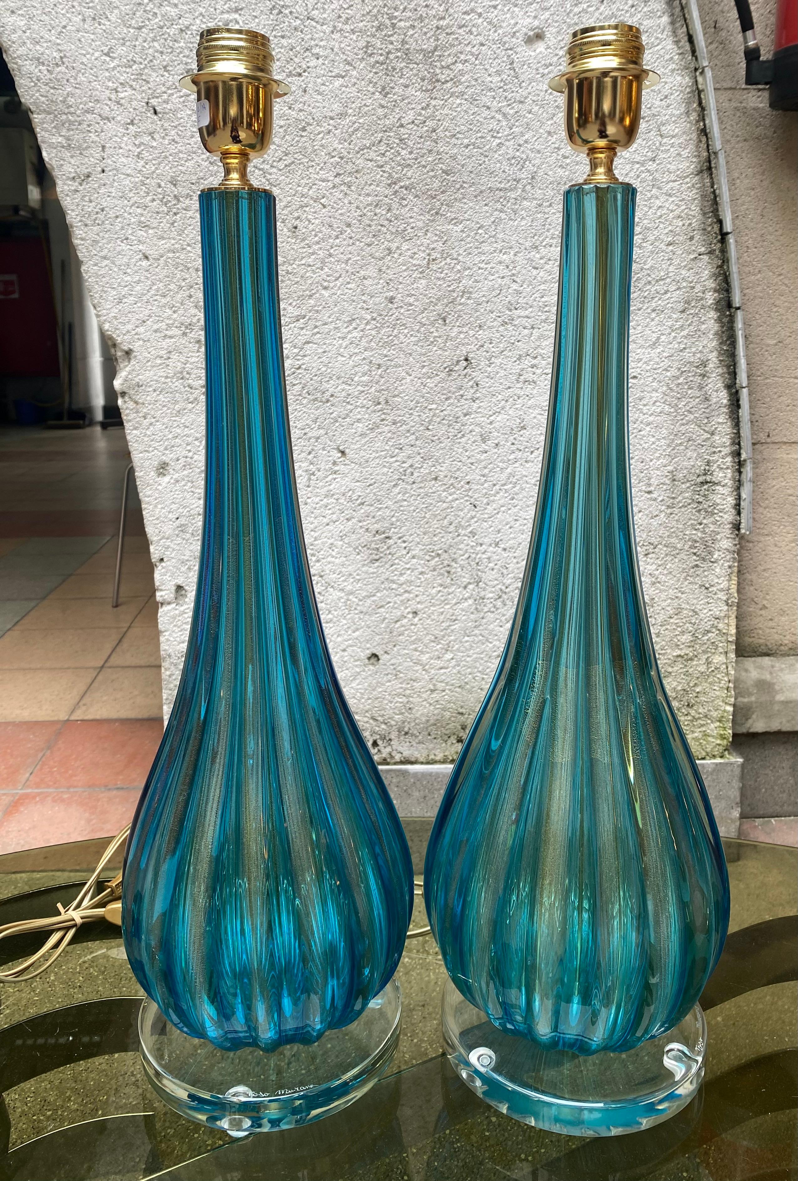 Pair of Toso Murano Lamps Murano Glass Blue and Gold In Good Condition For Sale In Saint ouen, FR