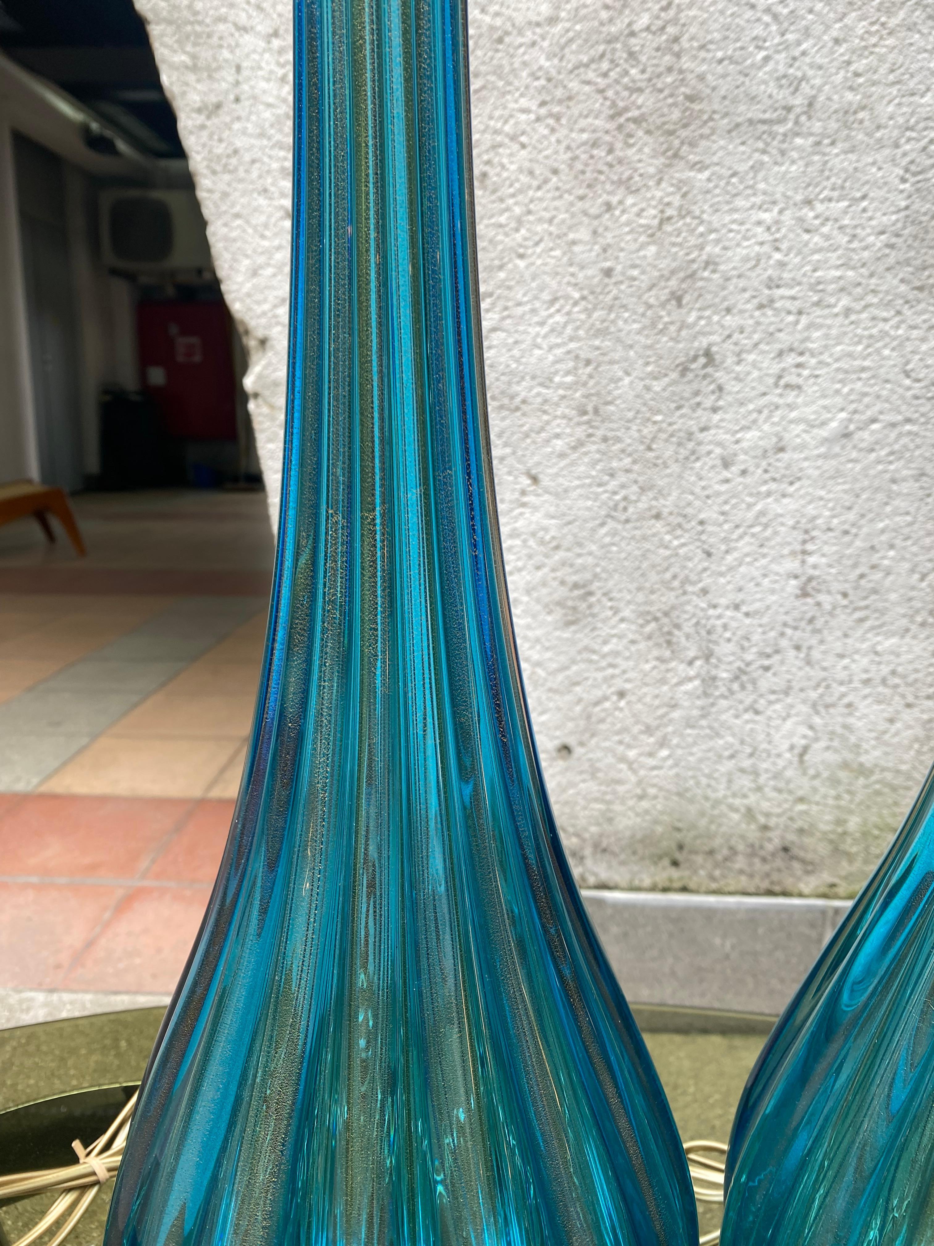 Late 20th Century Pair of Toso Murano Lamps Murano Glass Blue and Gold For Sale