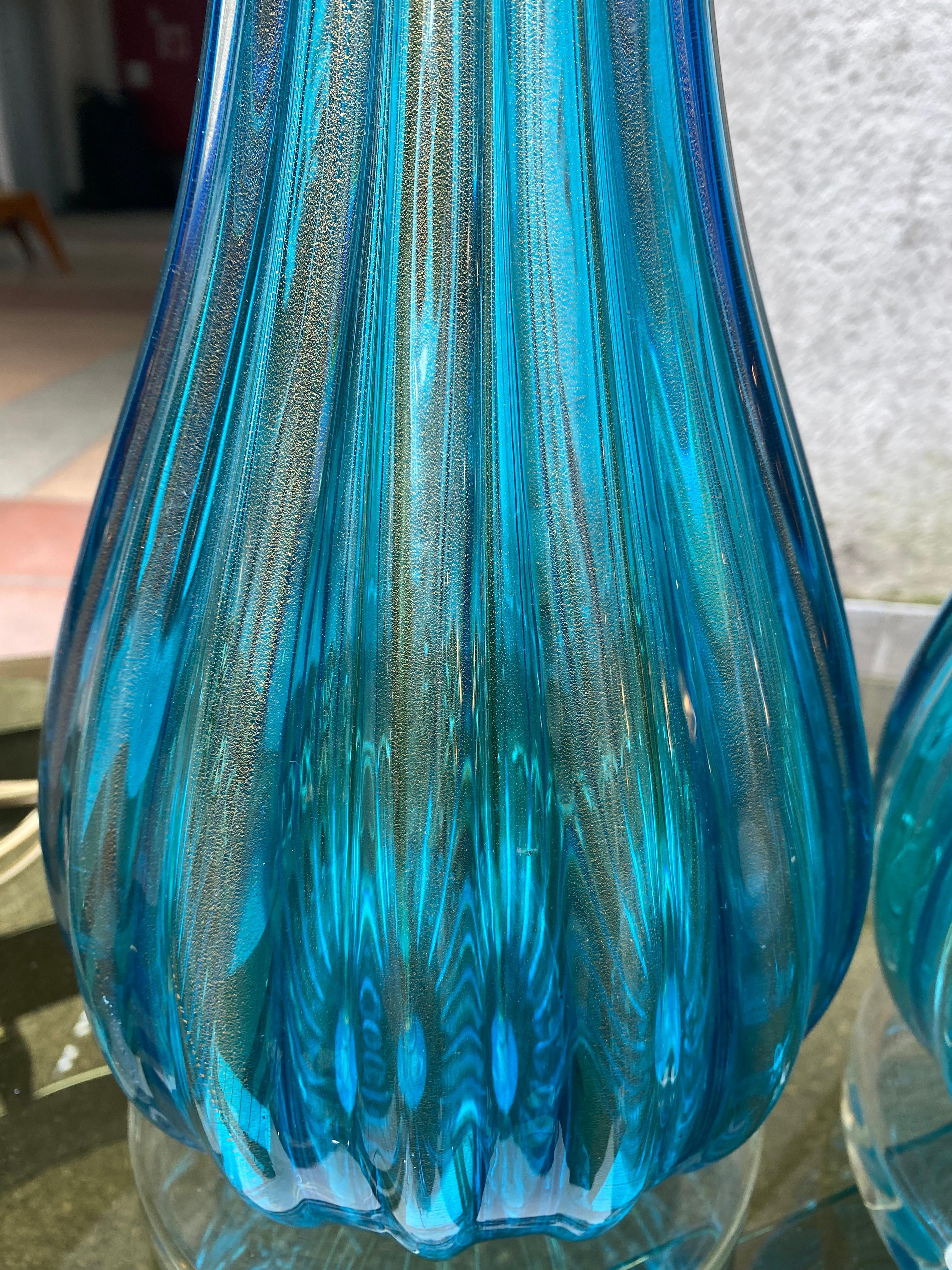 Pair of Toso Murano Lamps Murano Glass Blue and Gold For Sale 1