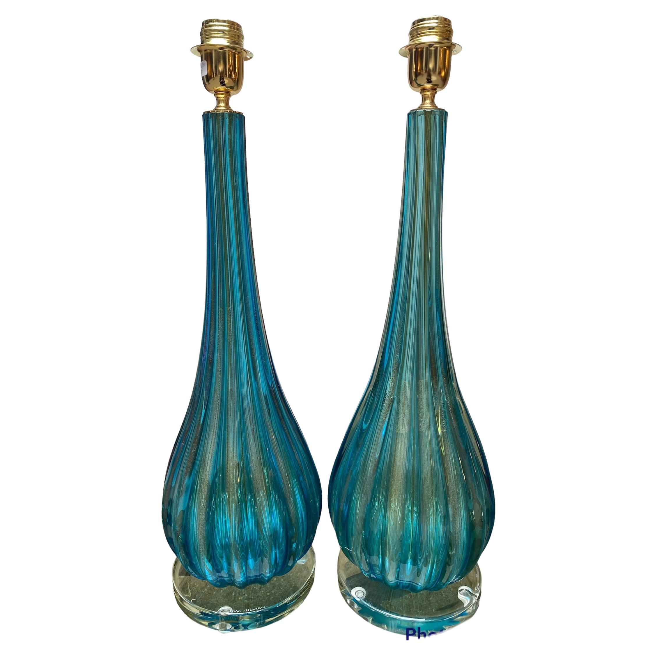 Paar Toso Murano Lampen Murano Glas Blau und Gold im Angebot