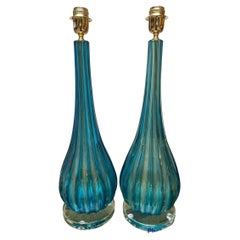 Pair of Toso Murano Lamps Murano Glass Blue and Gold