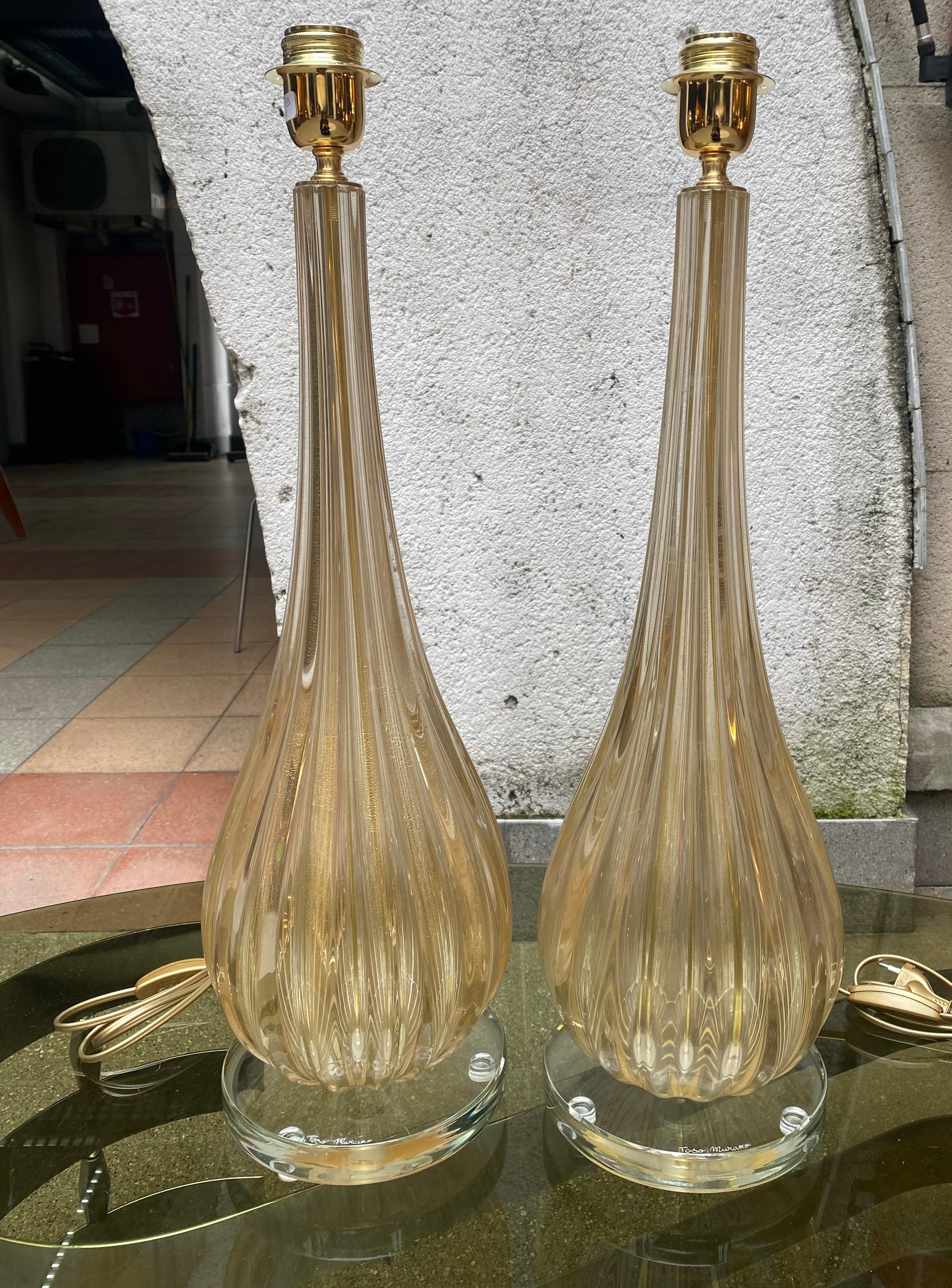 Pair of Toso Murano Lamps Murano Glass Gold In Good Condition For Sale In Saint ouen, FR