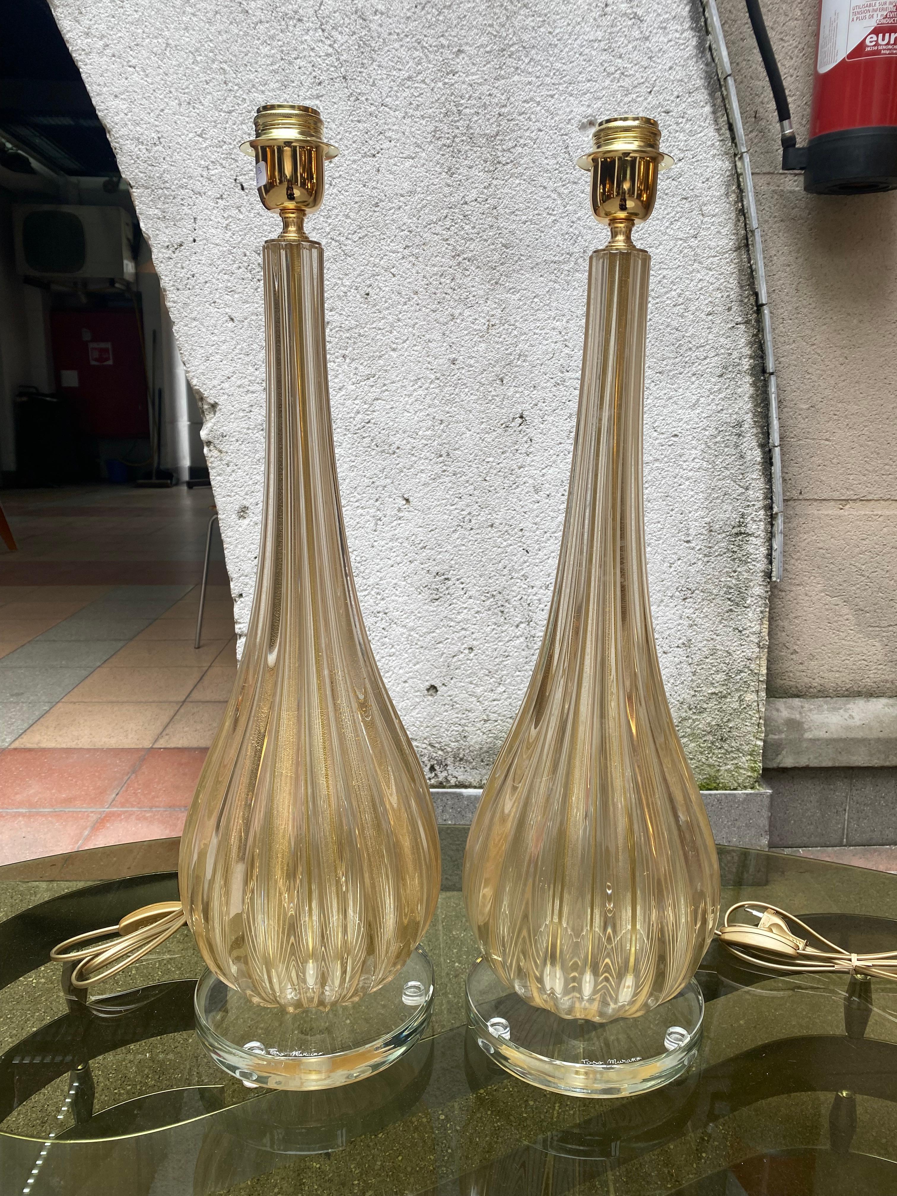 Late 20th Century Pair of Toso Murano Lamps Murano Glass Gold For Sale