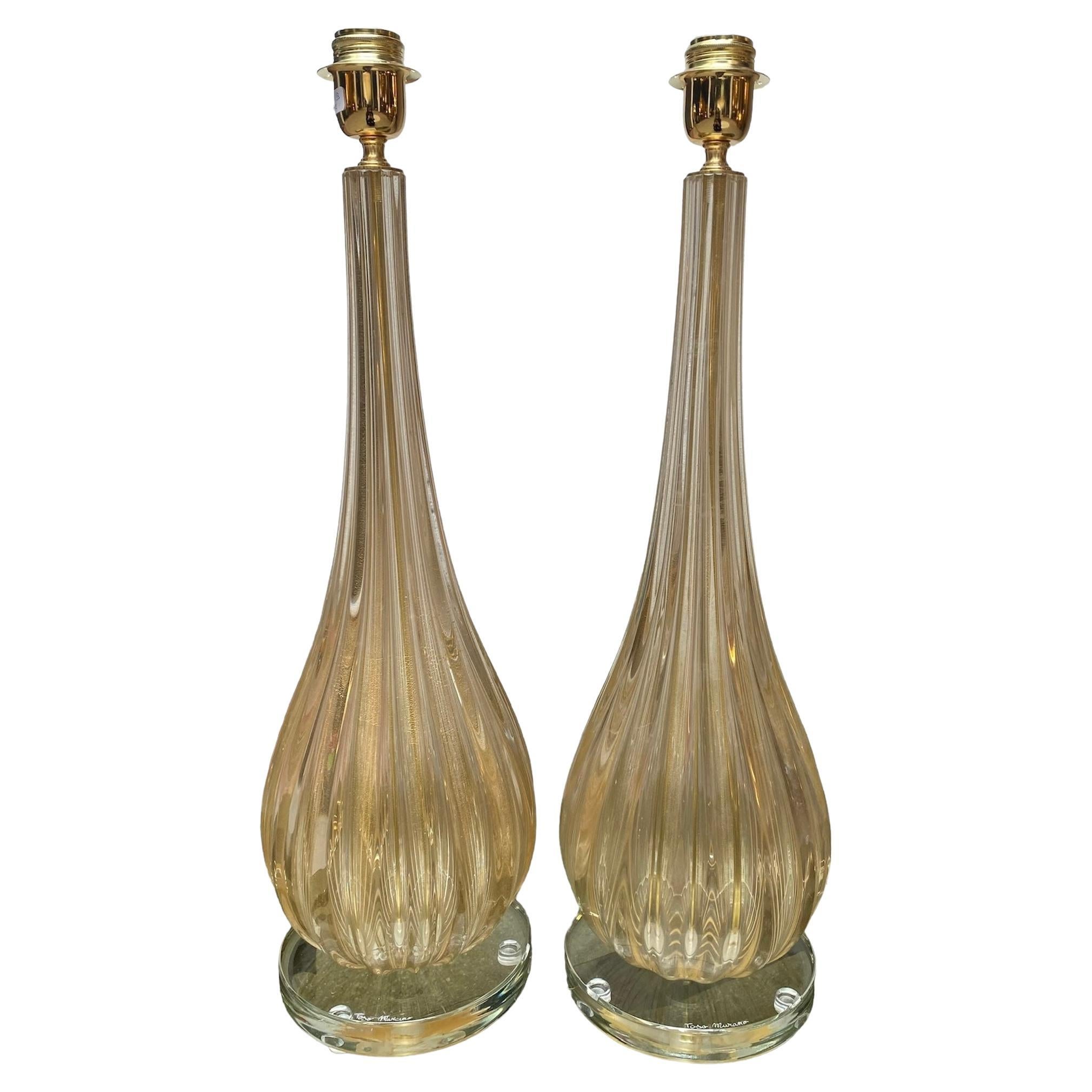 Pair of Toso Murano Lamps Murano Glass Gold For Sale