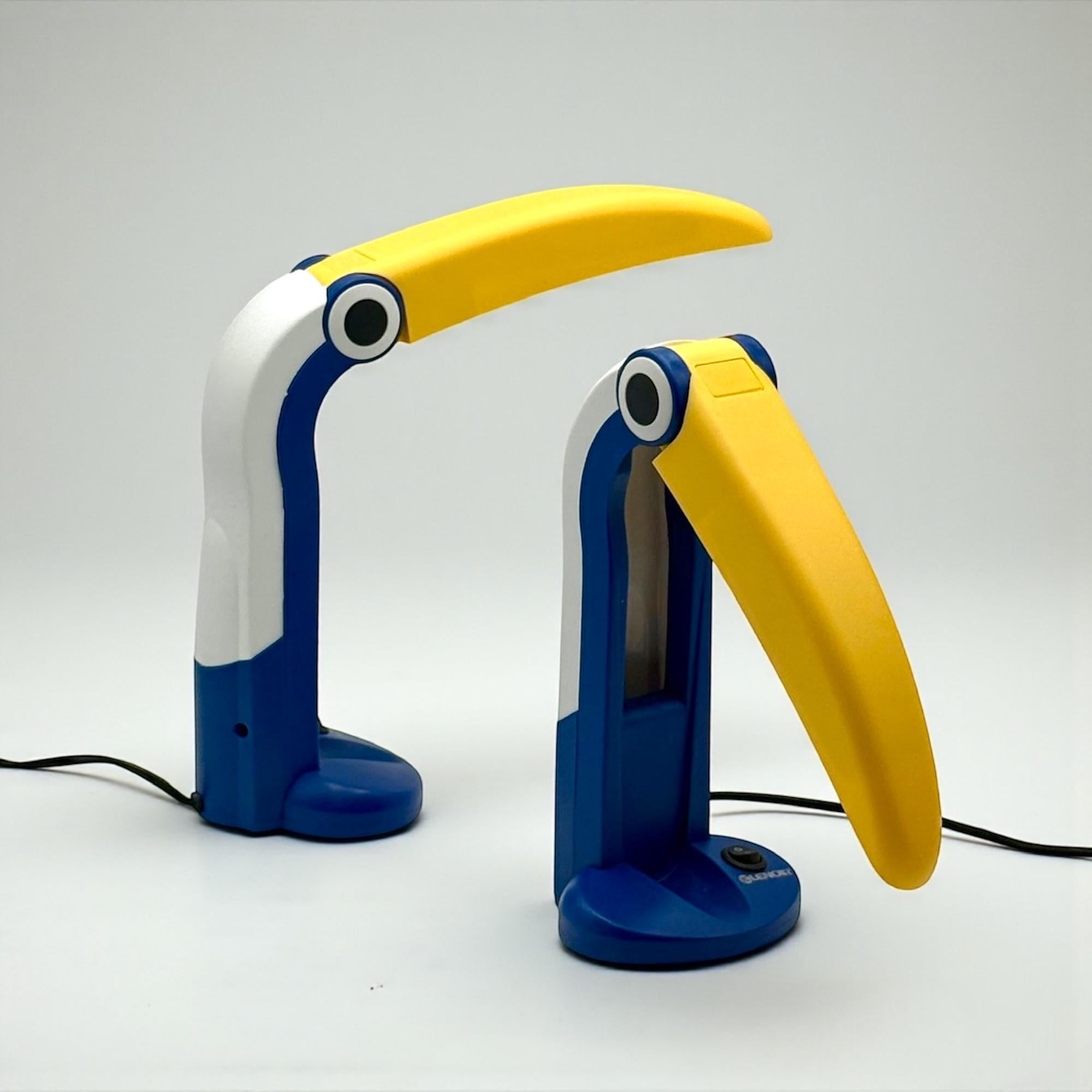 Pair of Toucan Lamps by HT Huang in Blue and Yellow - Collectible Lamps As New For Sale 4