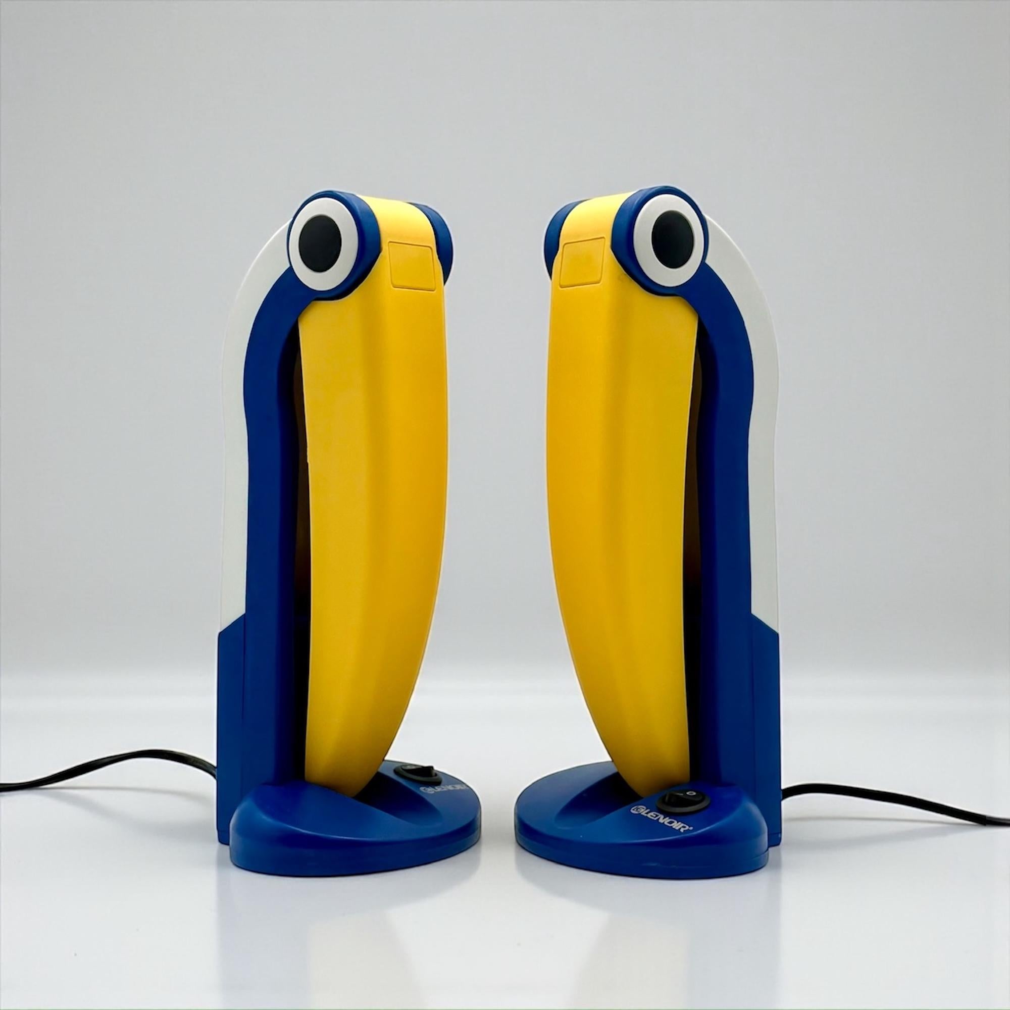 Pair of Toucan Lamps by HT Huang in Blue and Yellow - Collectible Lamps As New For Sale 6