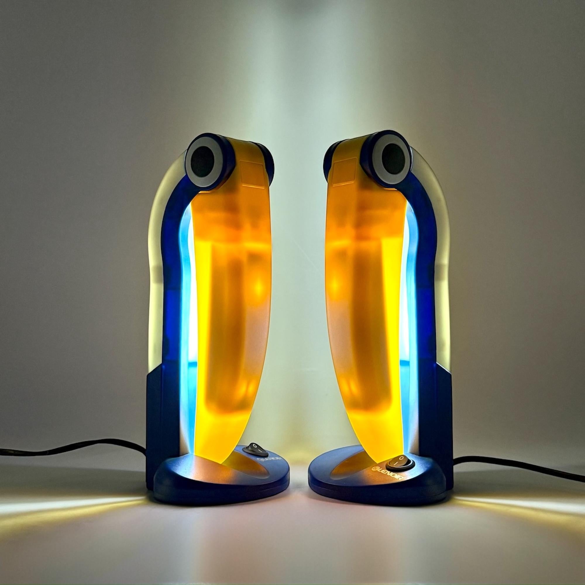 Late 20th Century Pair of Toucan Lamps by HT Huang in Blue and Yellow - Collectible Lamps As New For Sale