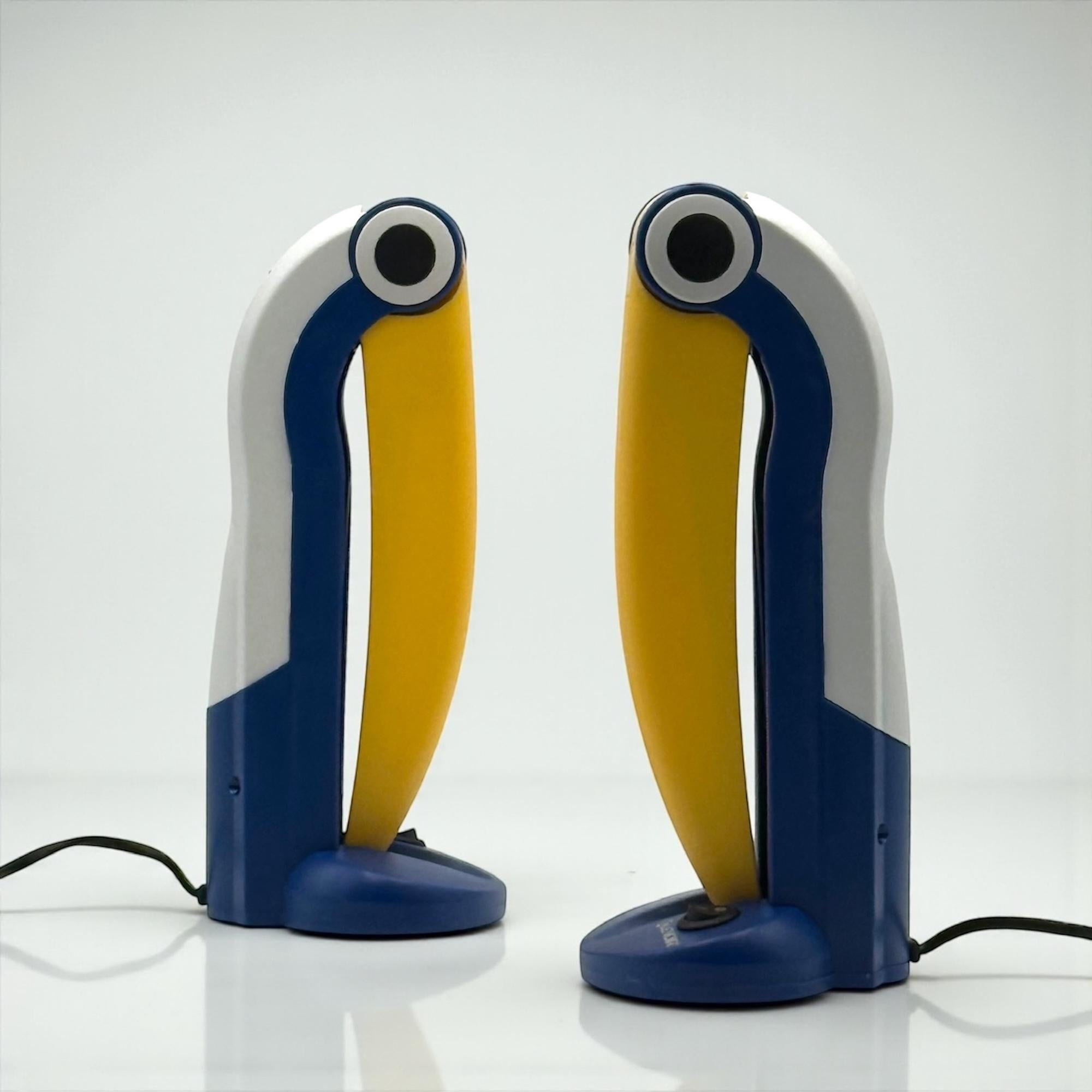 Plastic Pair of Toucan Lamps by HT Huang in Blue and Yellow - Collectible Lamps As New For Sale