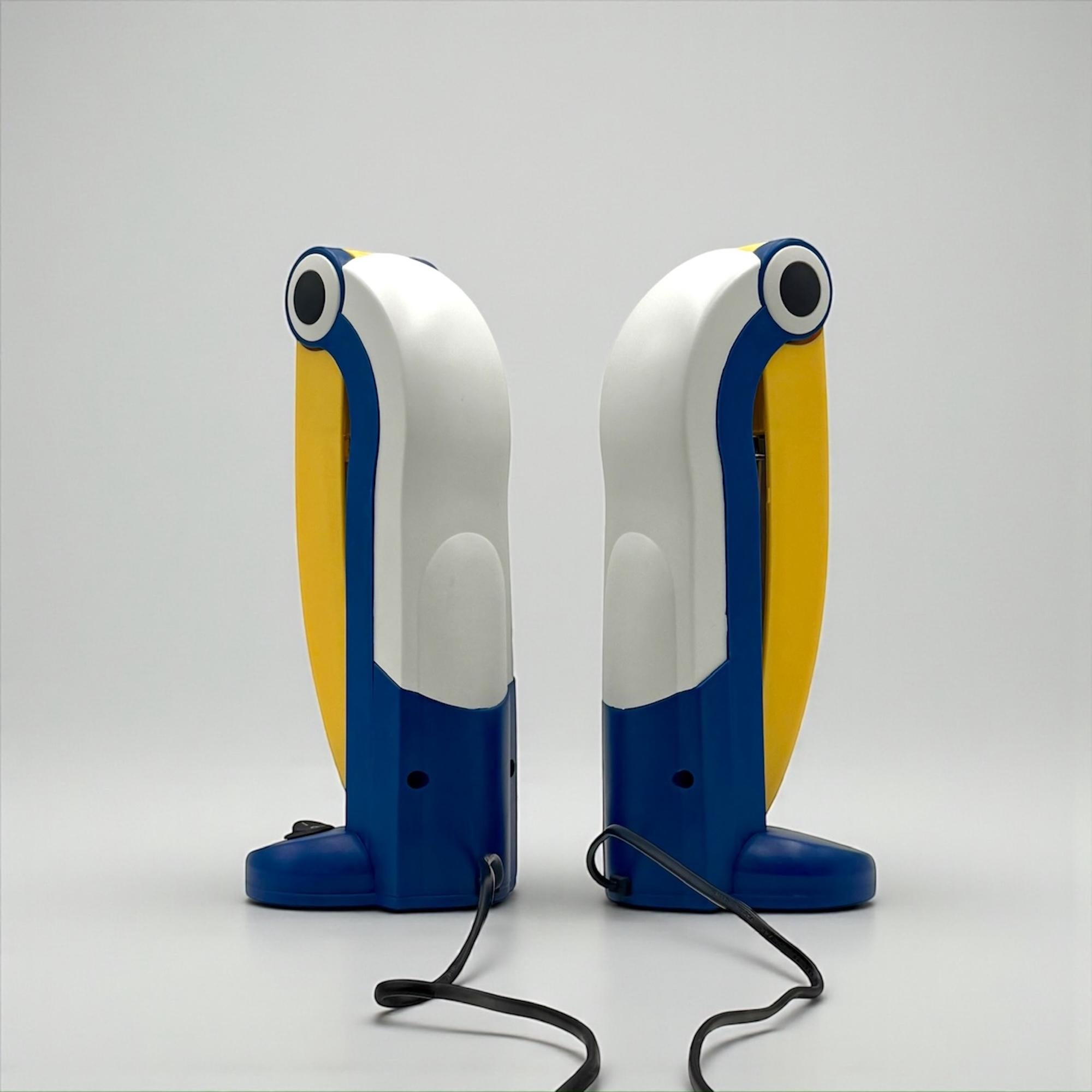 Pair of Toucan Lamps by HT Huang in Blue and Yellow - Collectible Lamps As New For Sale 1