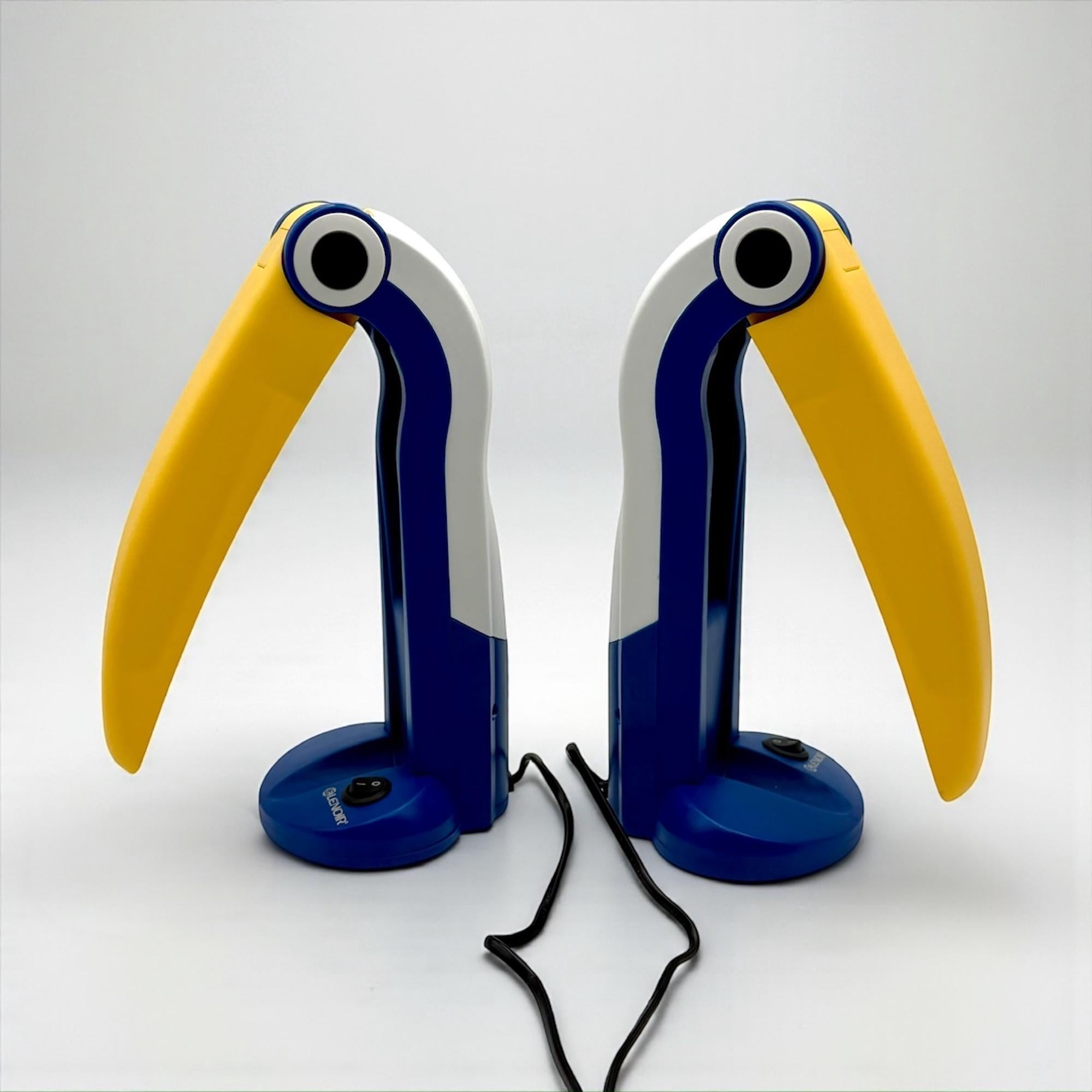 Pair of Toucan Lamps by HT Huang in Blue and Yellow - Collectible Lamps As New For Sale 2