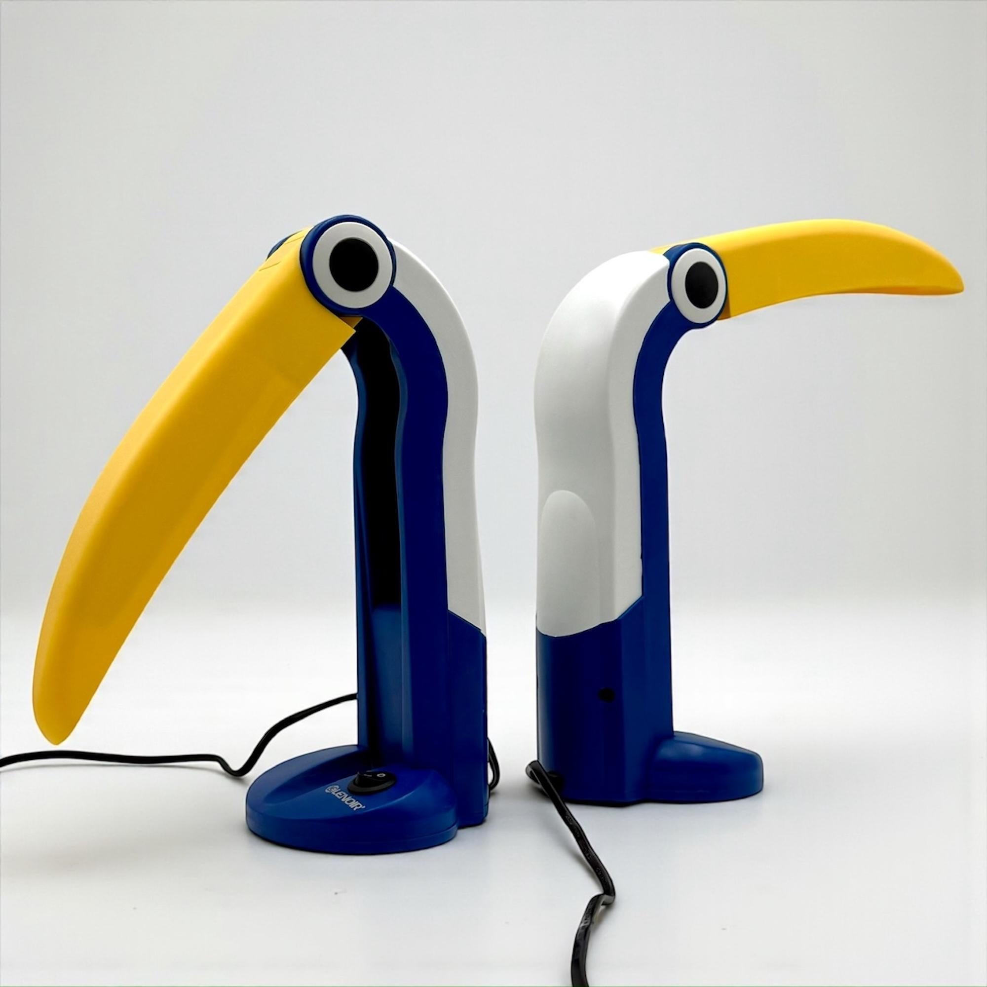 Pair of Toucan Lamps by HT Huang in Blue and Yellow - Collectible Lamps As New For Sale 3