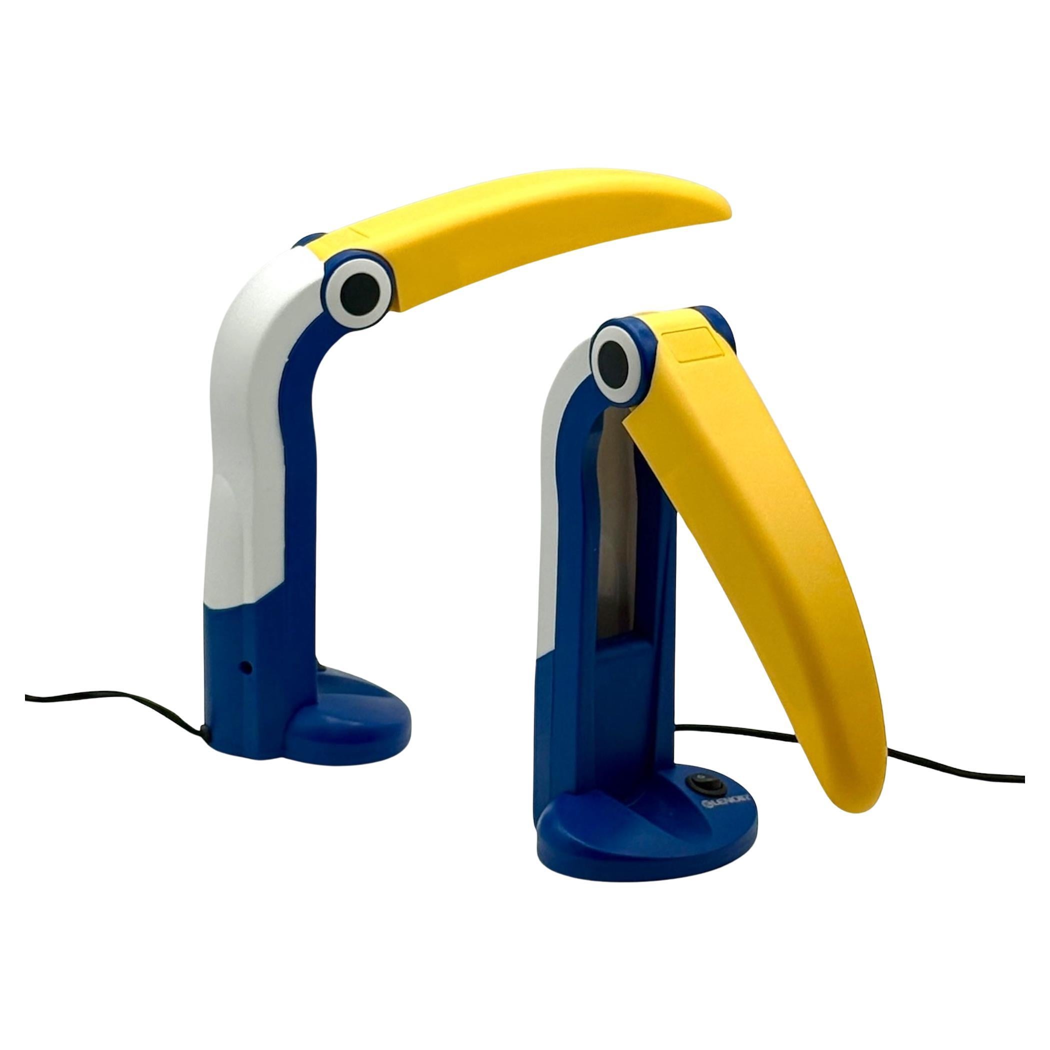 Pair of Toucan Lamps by HT Huang in Blue and Yellow - Collectible Lamps As New For Sale