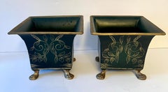 pair of Towle Planters in Green with Decorative Design and Gold Paw Feet