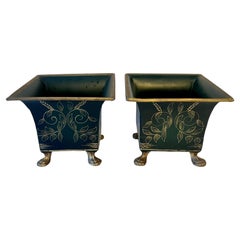 pair of Towle Planters in Green with Decorative Design and Gold Paw Feet