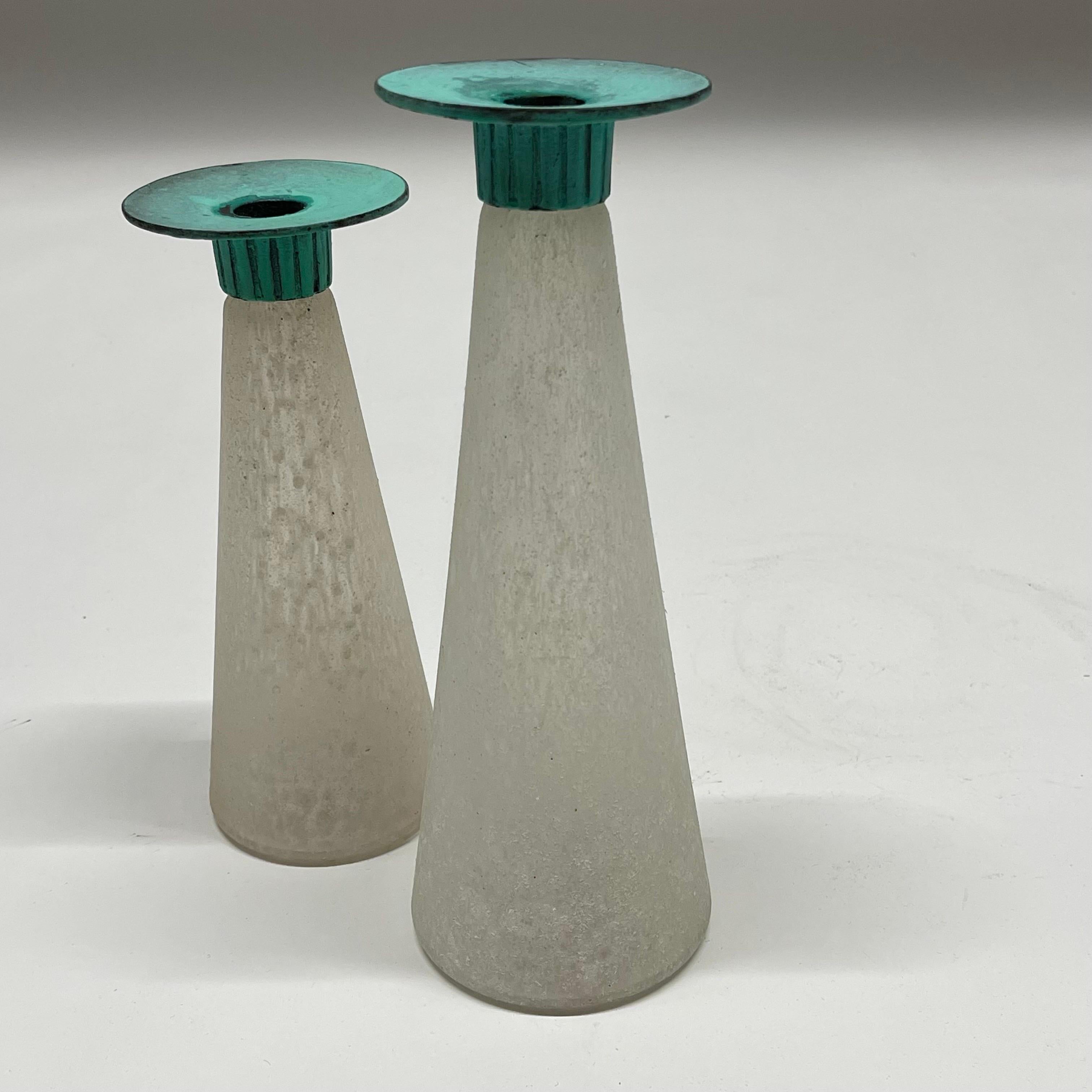 Post-Modern Pair of Toyo Scavo Glass & Verdigris Bronze Asymmetrical Candle Holders, Taiwan