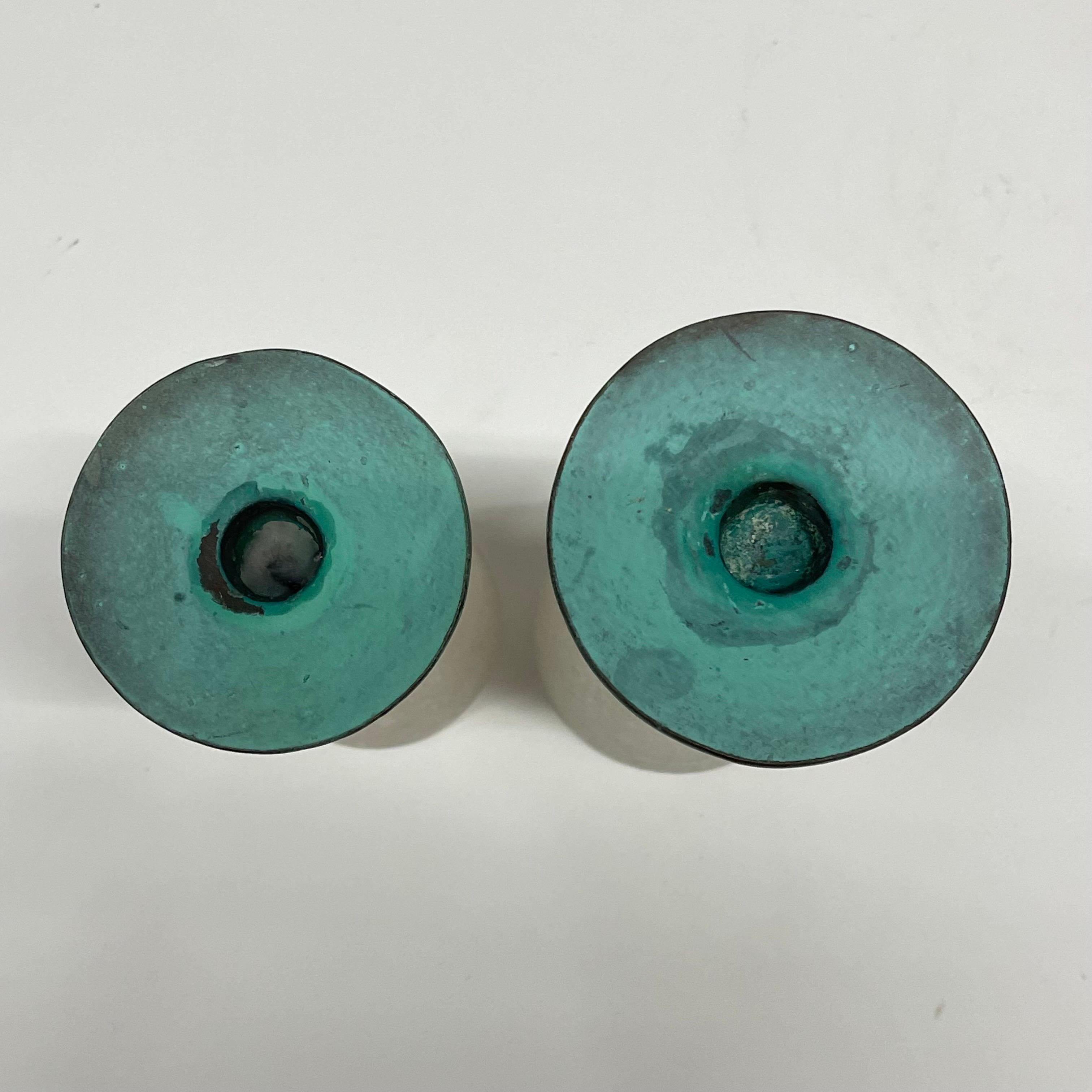 Patinated Pair of Toyo Scavo Glass & Verdigris Bronze Asymmetrical Candle Holders, Taiwan