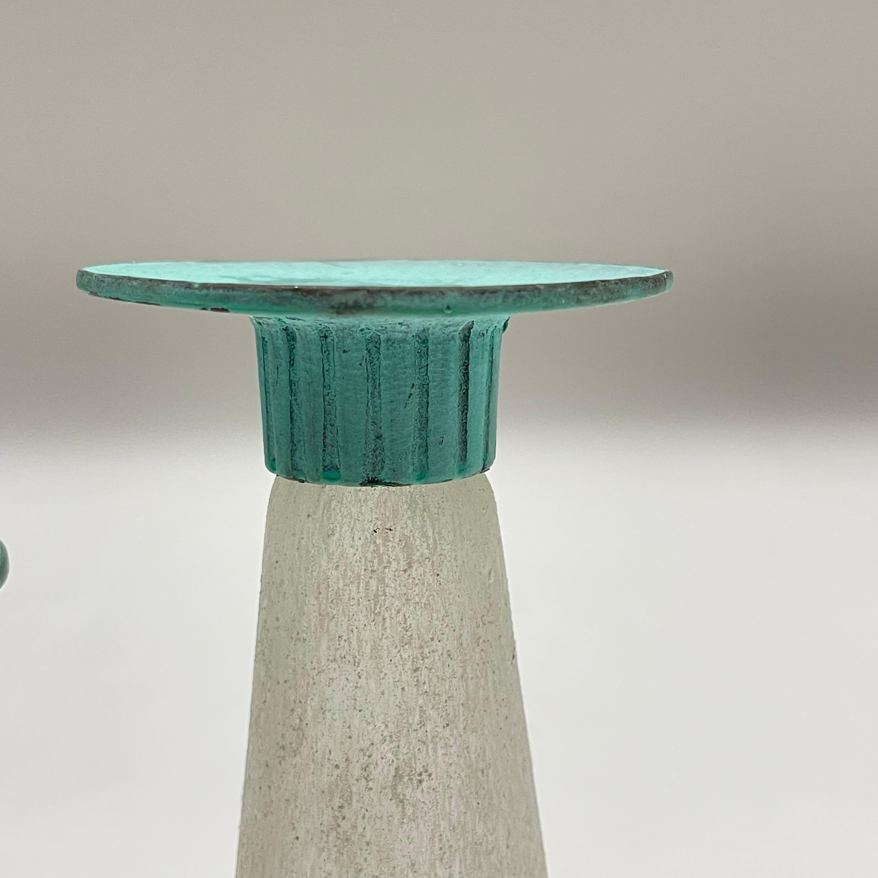Pair of Toyo Scavo Glass & Verdigris Bronze Asymmetrical Candle Holders, Taiwan In Good Condition In Miami, FL