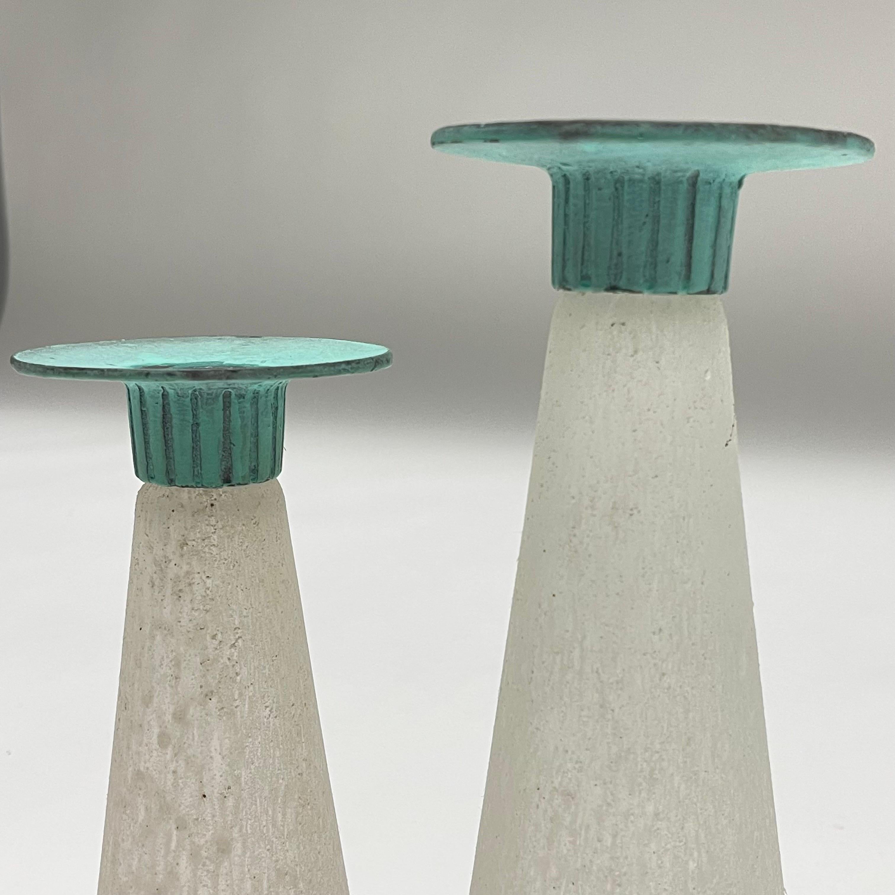 Pair of Toyo Scavo Glass & Verdigris Bronze Asymmetrical Candle Holders, Taiwan 1