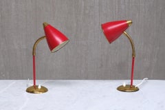 Pair of TR & Co Adjustable Table Lamps in Red Metal and Brass, Norway, 1960s