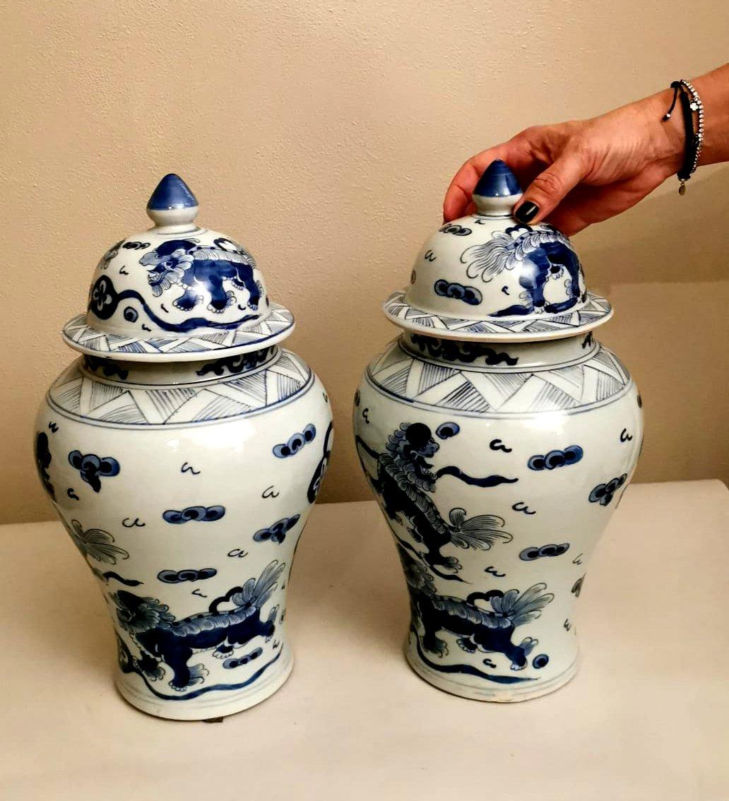 Pair of Traditional Chinese Vases with Lid and Cobalt Blue Decorations 8