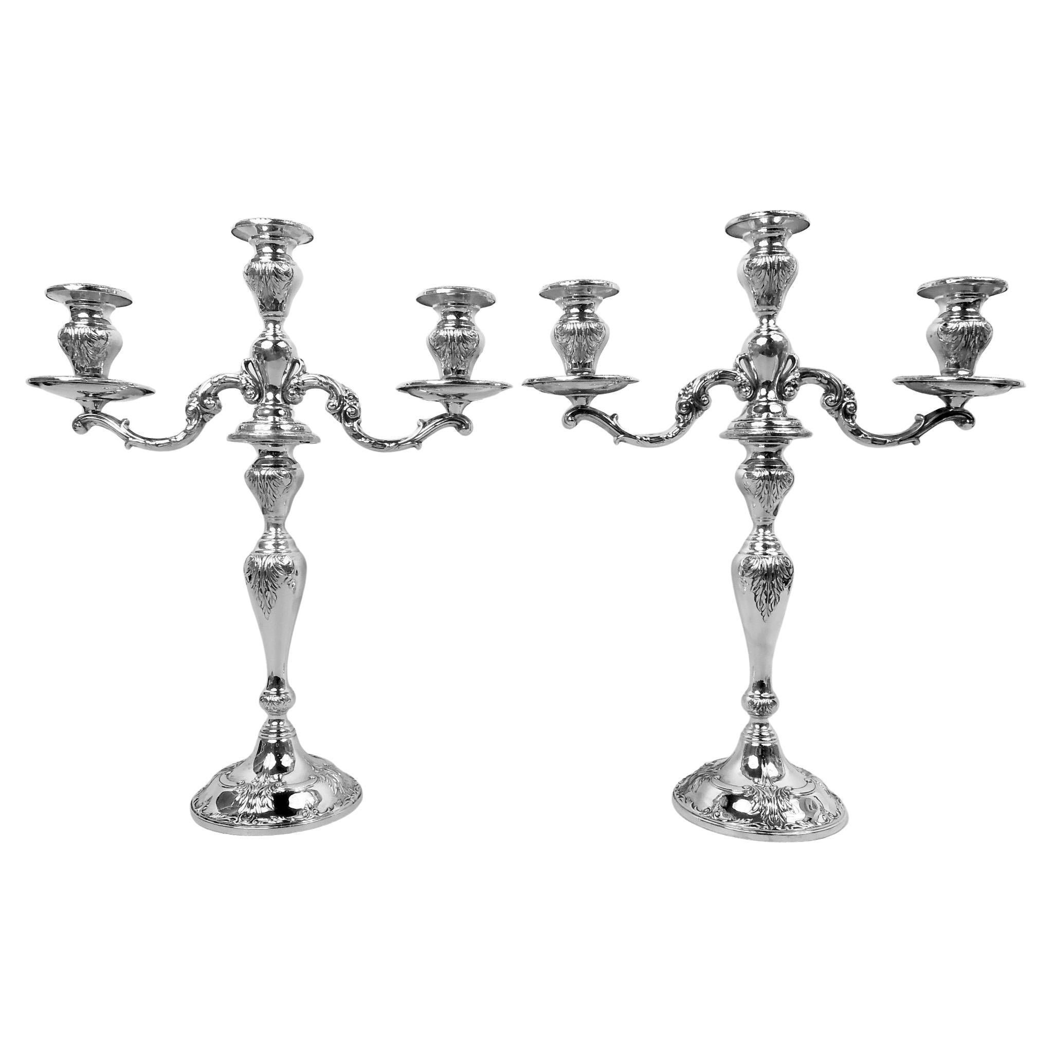 Pair of Traditional Georgian Sterling Silver 3-Light Candelabra