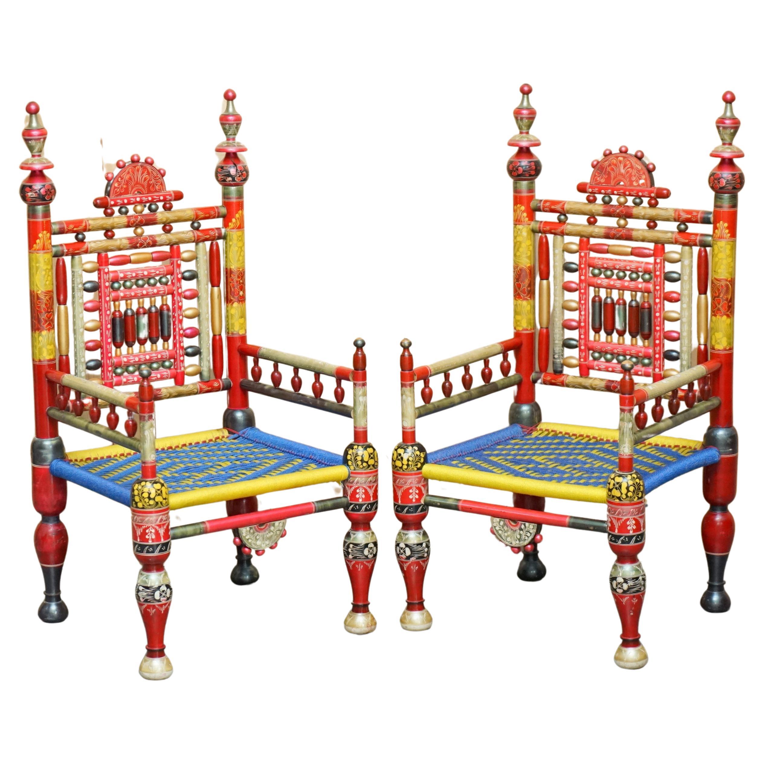 PAIR OF TRADITIONAL PUNJABI TRIBAL WEDDING CHAIRS FROM PAKiSTAN IN CEDAR WOOD