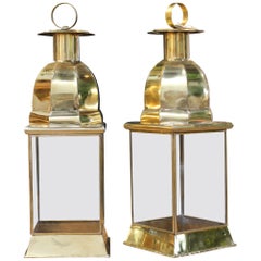 Pair of Traditional Spanish Rectangular Brass Lamps with Glass